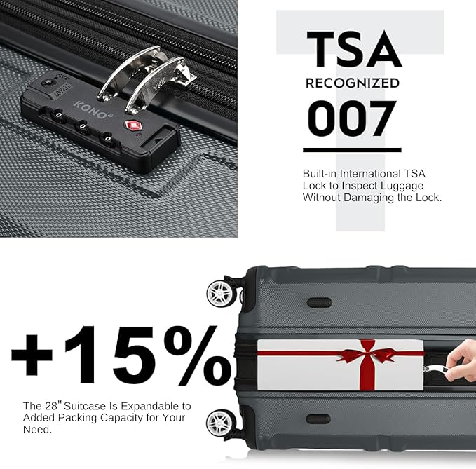 Kono 28 Inch Luggage Expandable Suitcase Lightweight with Spinner Wheels TSA Lock Hardside Large Checked Luggage Durable Rolling Suitcase Grey