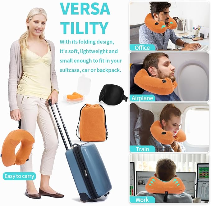 Inflatable Travel Neck Pillow for Airplane, Head Support Velvet Adult Neck Pillow for Long Flight, Kit with Eye Mask, Earplugs and Storage Bag,1, Orange