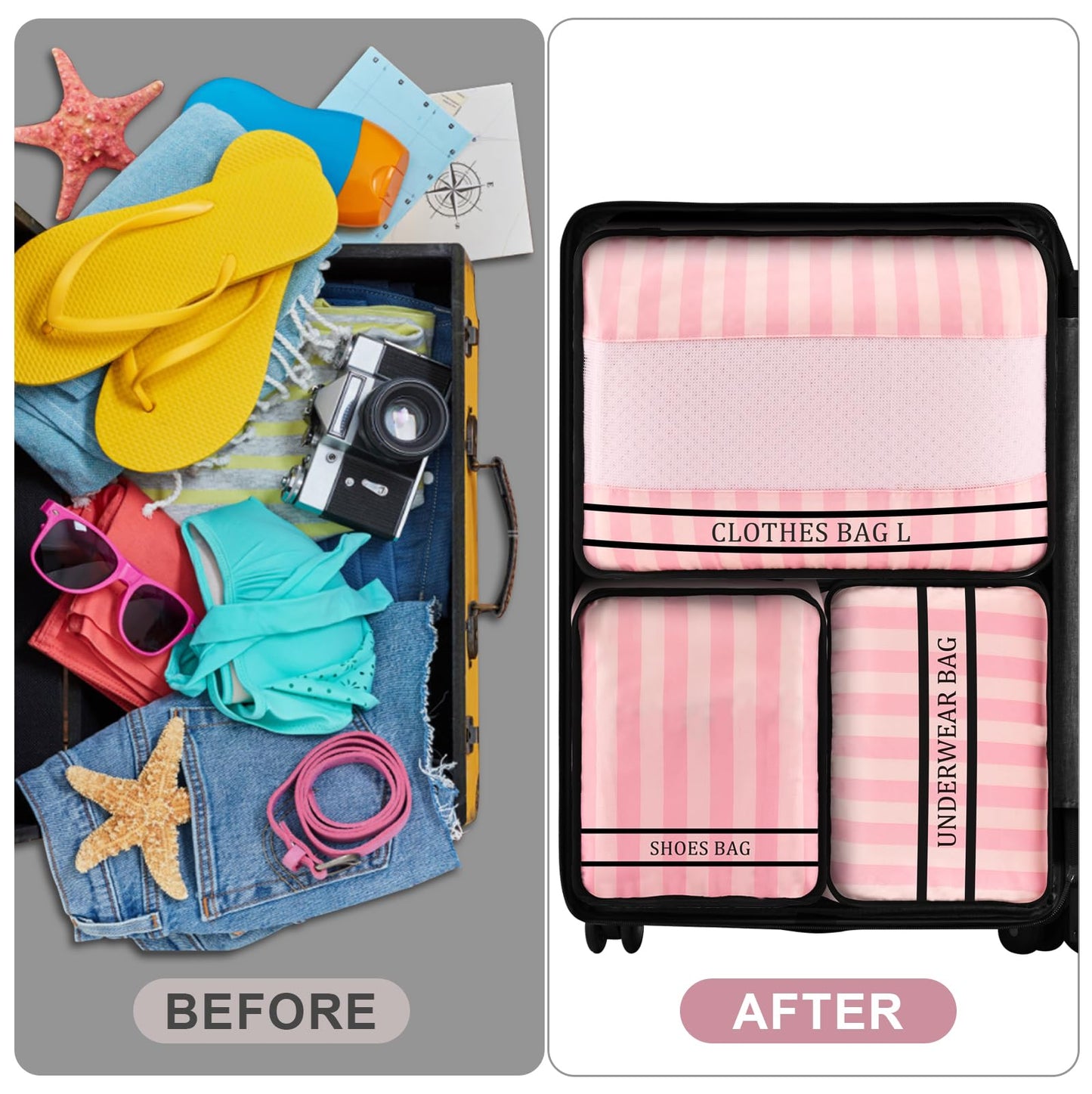 Ougrand 9 Set Packing Cubes Luggage Packing Organizers for Travel Accessories Space Saving Travel Bags for Carry On, Lightweight Mesh Zipper, Clothes, Shoes and Laundry Bag, Suitcases (Pink Streak)