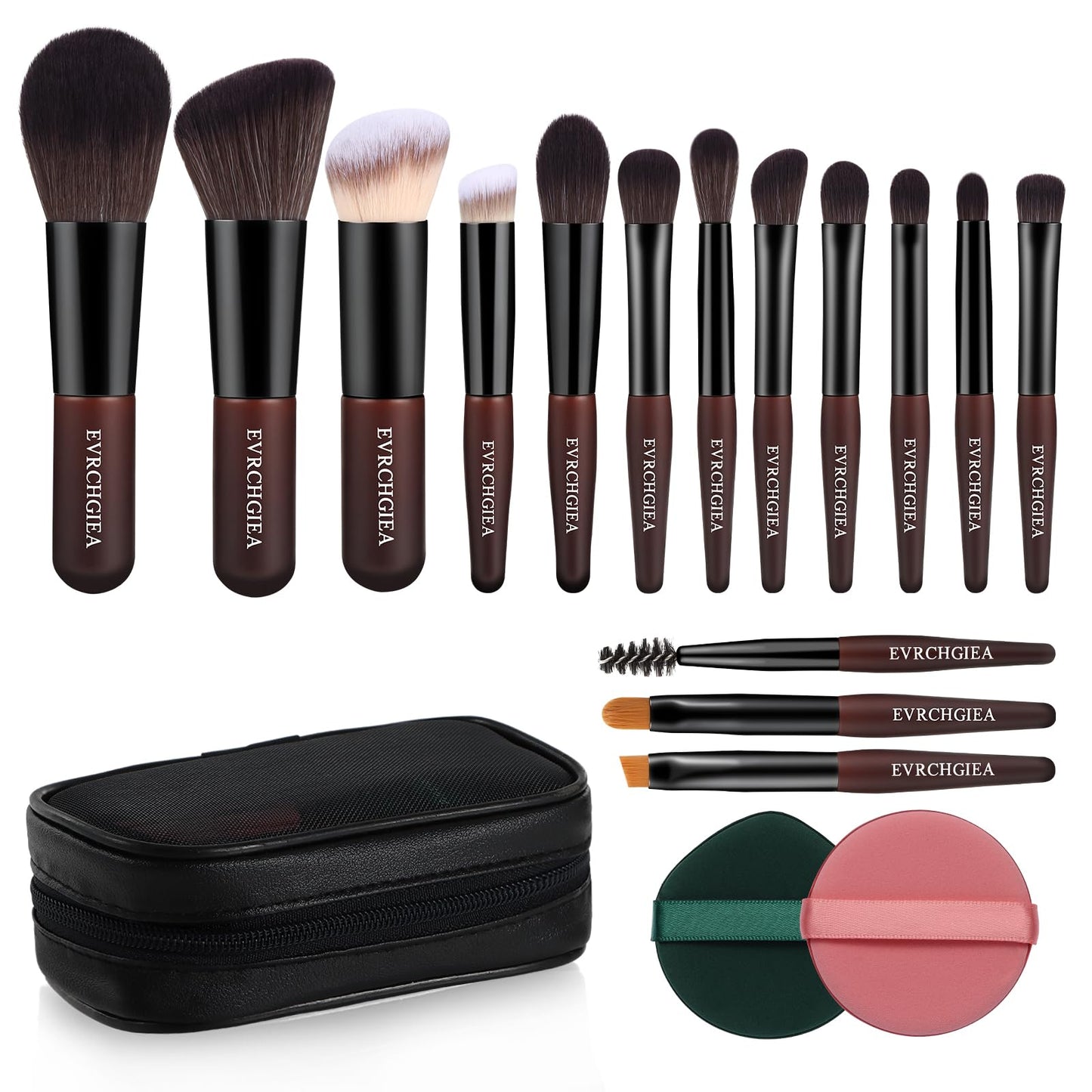 Travel Makeup Brush Set, 15 pcs Mini Makeup Brushes and 2 Puff for Foundation, Powder, Eyeshadow, Highlight, Contour, Blush & Concealer, Small Makeup Brush Set Purse Size with Case
