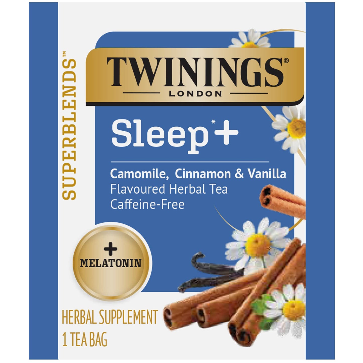 Twinings Bedtime Tea Variety 2-Pack Pure Camomile Teabags and Superblends Camomile, Cinnamon & Vanilla + Melatonin Tea, Naturally Caffeine-Free