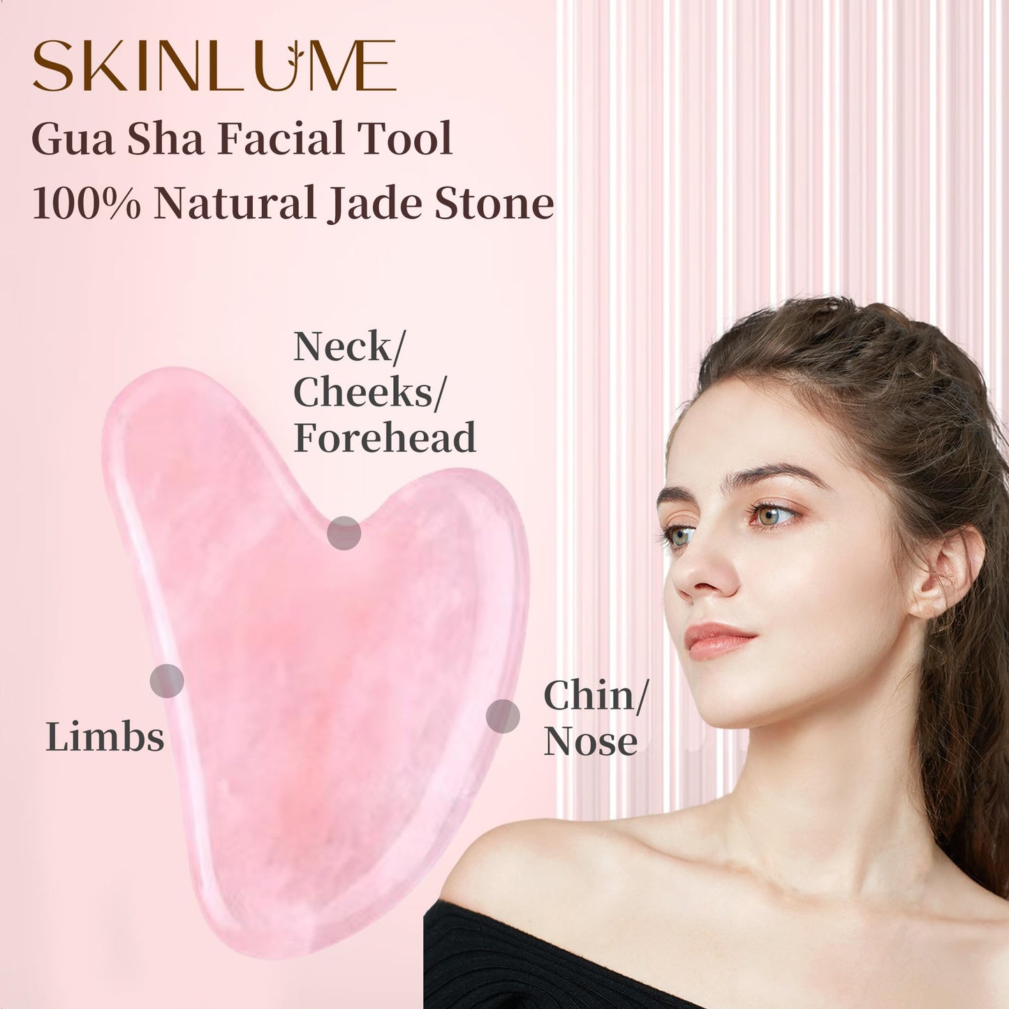 SkinLume Jade Roller Gua Sha Facial Tool - for Face Neck Eye Jawline, Reduce Puffiness and Tension, Gift Set for Men Woman 100% Natural Jade Stone (Pink)