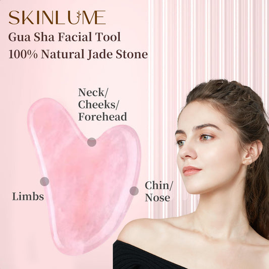 SkinLume Jade Roller Gua Sha Facial Tool - for Face Neck Eye Jawline, Reduce Puffiness and Tension, Gift Set for Men Woman 100% Natural Jade Stone (Pink)