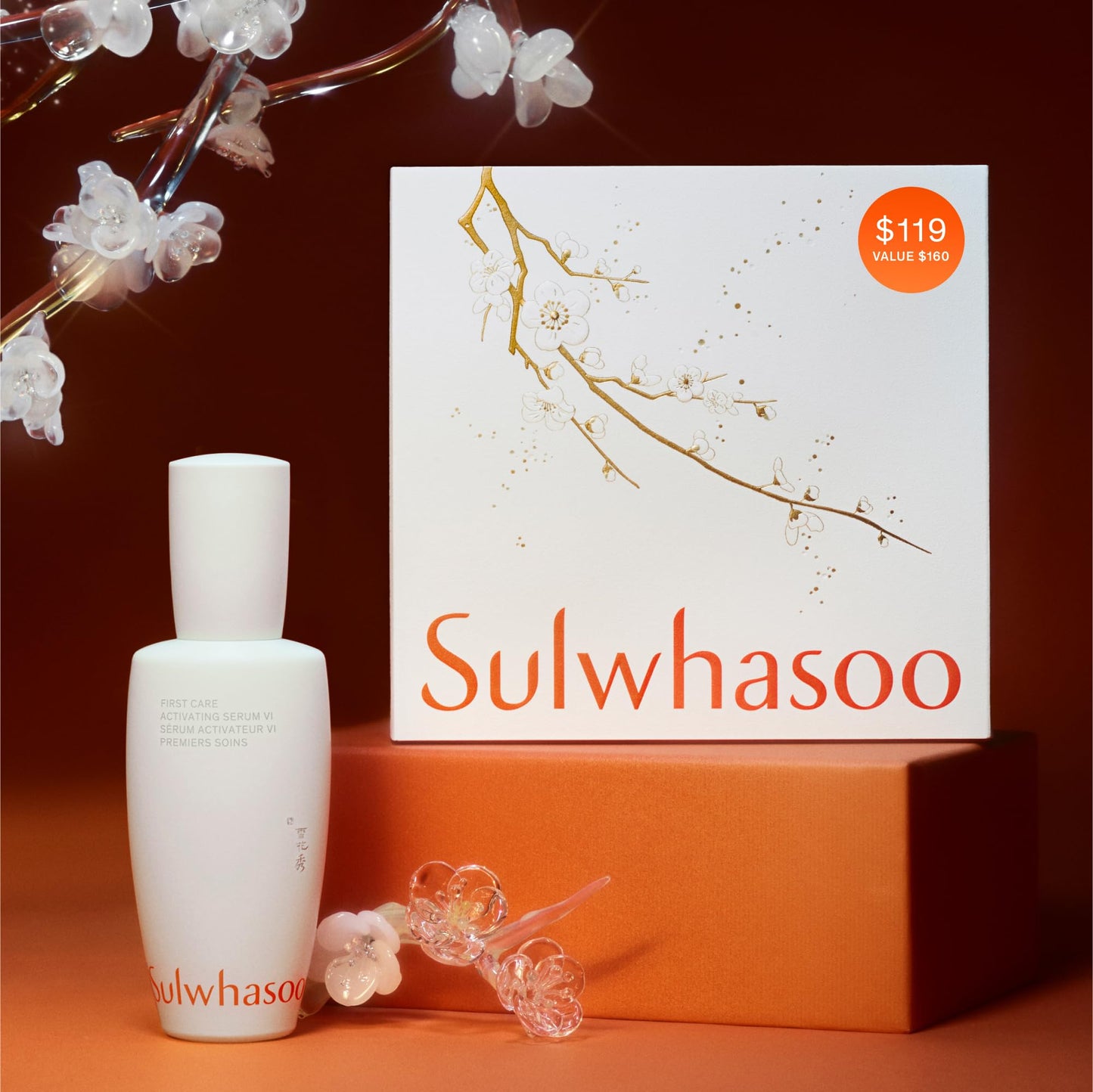 Sulwhasoo First Care Activating Serum 90mL Set Holiday 2025- A four-piece gift set featuring First Care Activating Serum, plus a mini cleanser, and anti-aging Concentrated Ginseng Rejuvenating Cream.