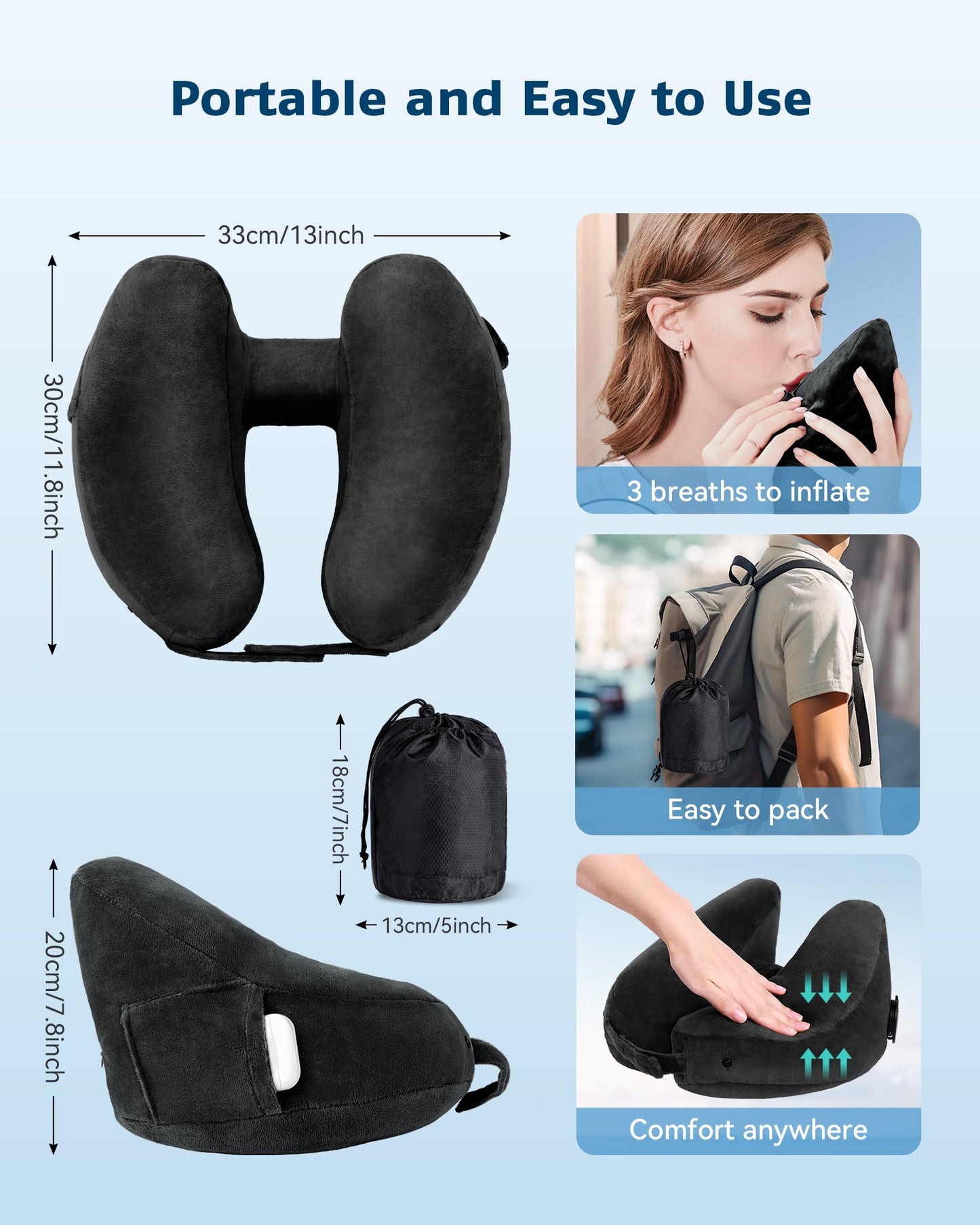 loveheek Travel Pillow Inflatable Neck Pillow Airplane Pillow with Velvet Cover Inflatable Pillow for Car/Train/Plane (Black, M)