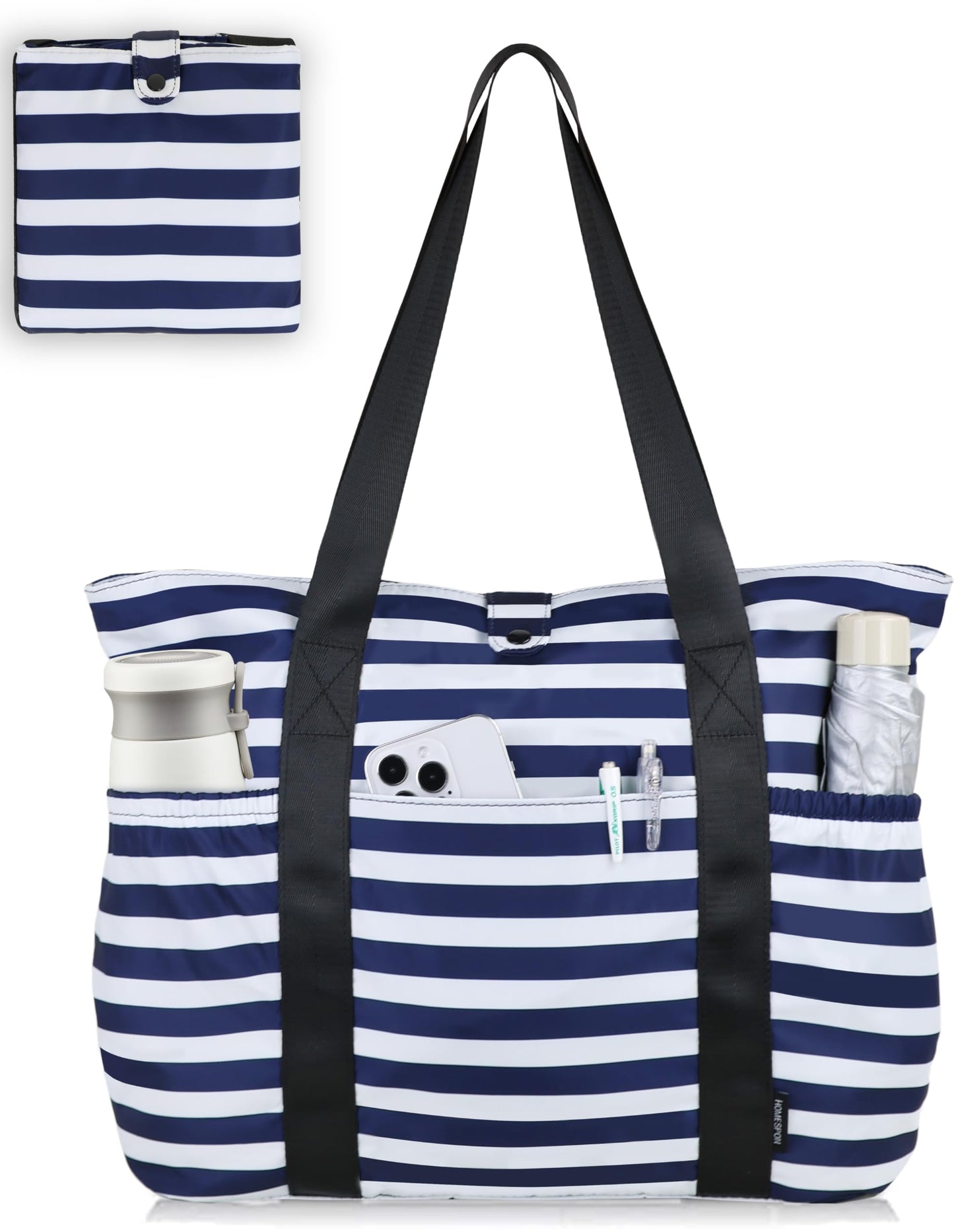Buringer HOMESPON Large Foldable Beach Tote Bag for Women with Zipper Waterproof Handbag for Travel Shopping Gym Vacation (Blue Stripe)