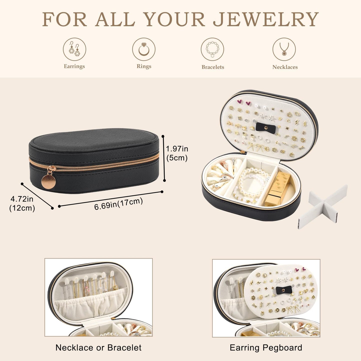 ProCase Travel Jewelry Organizer Box, Small Jewelry Organizer for Earrings Bracelet Necklace Ring, Compact Jewelry Storage Case for Women Girls -Black