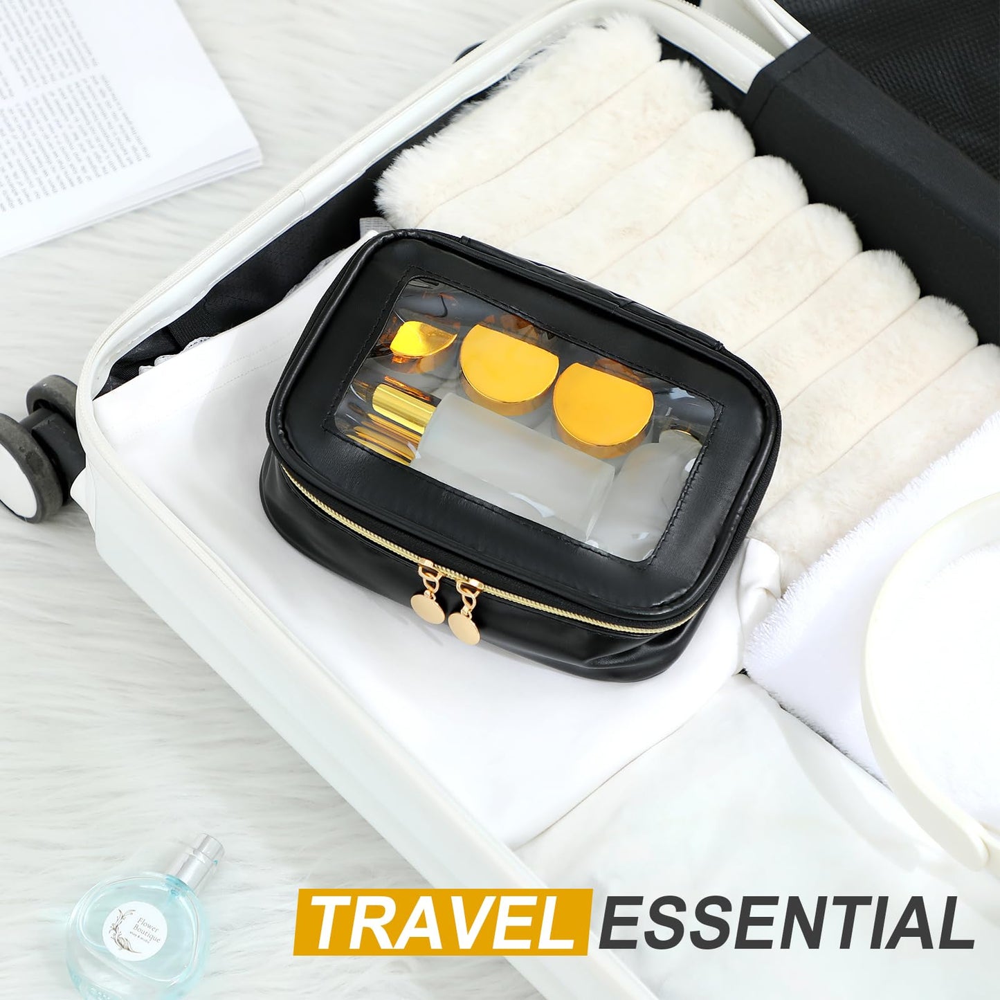 Jingmore 13 Pcs Glass Skincare Travel Containers Mini Makeup Containers Travel Size Toiletries Bottles with Pump Spray and PU Leather Toiletry Bag for Liquid Serum Cream Moisturizers Oils(Gold)