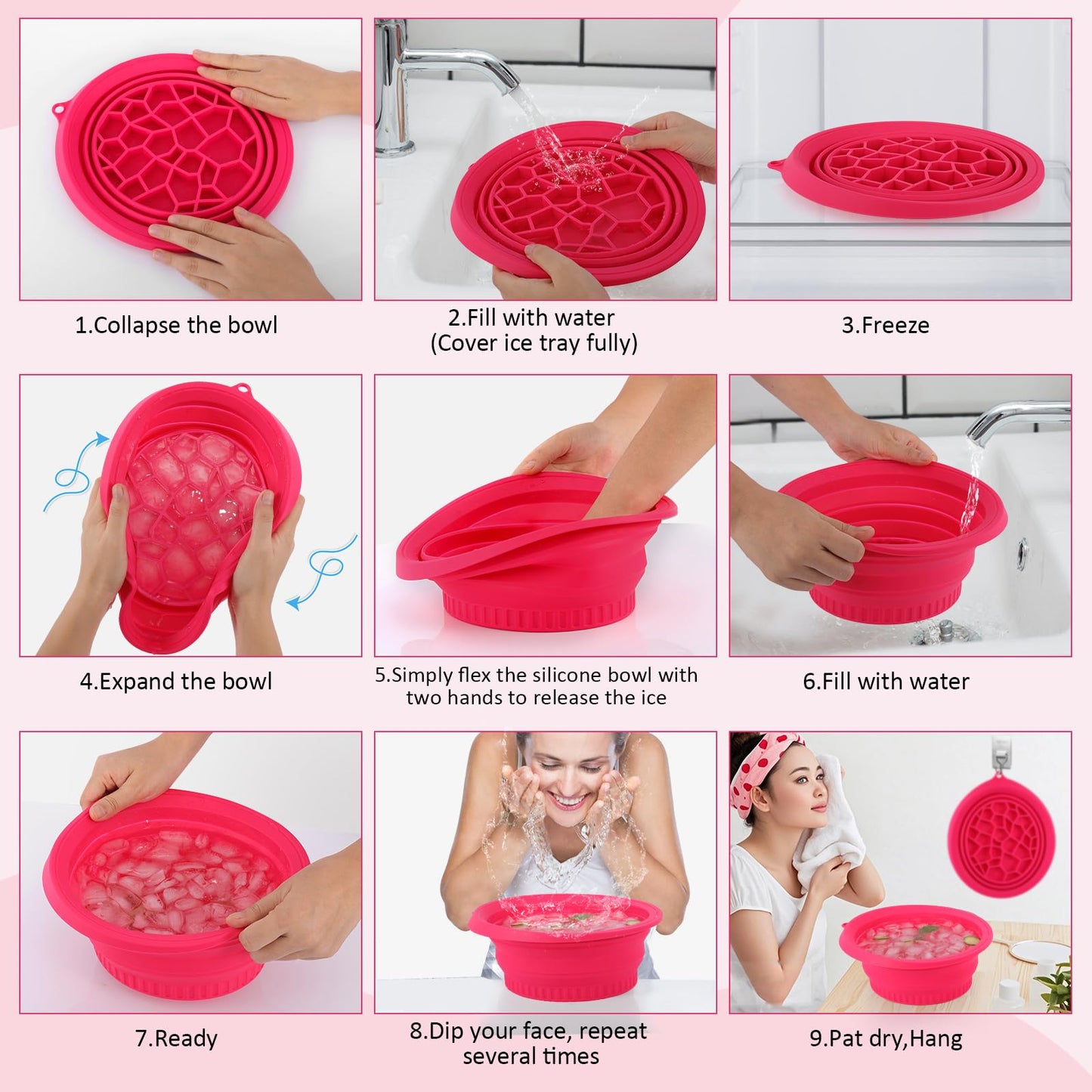 Ice Bowl for Facial Cold Bath Foldable Silicone Washbasin with Built-in Icetray Collapsible Travel Facial Plunge Bowl for Face Icebath