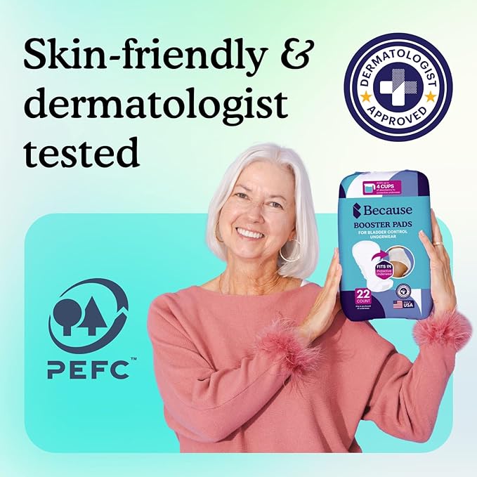 Because Premium Incontinence Booster Pads for Men and Women, Adds Extra Absorbency to Adult Diapers, Super Soft, Adhesive Strip Backing, Unisex, 22 Count