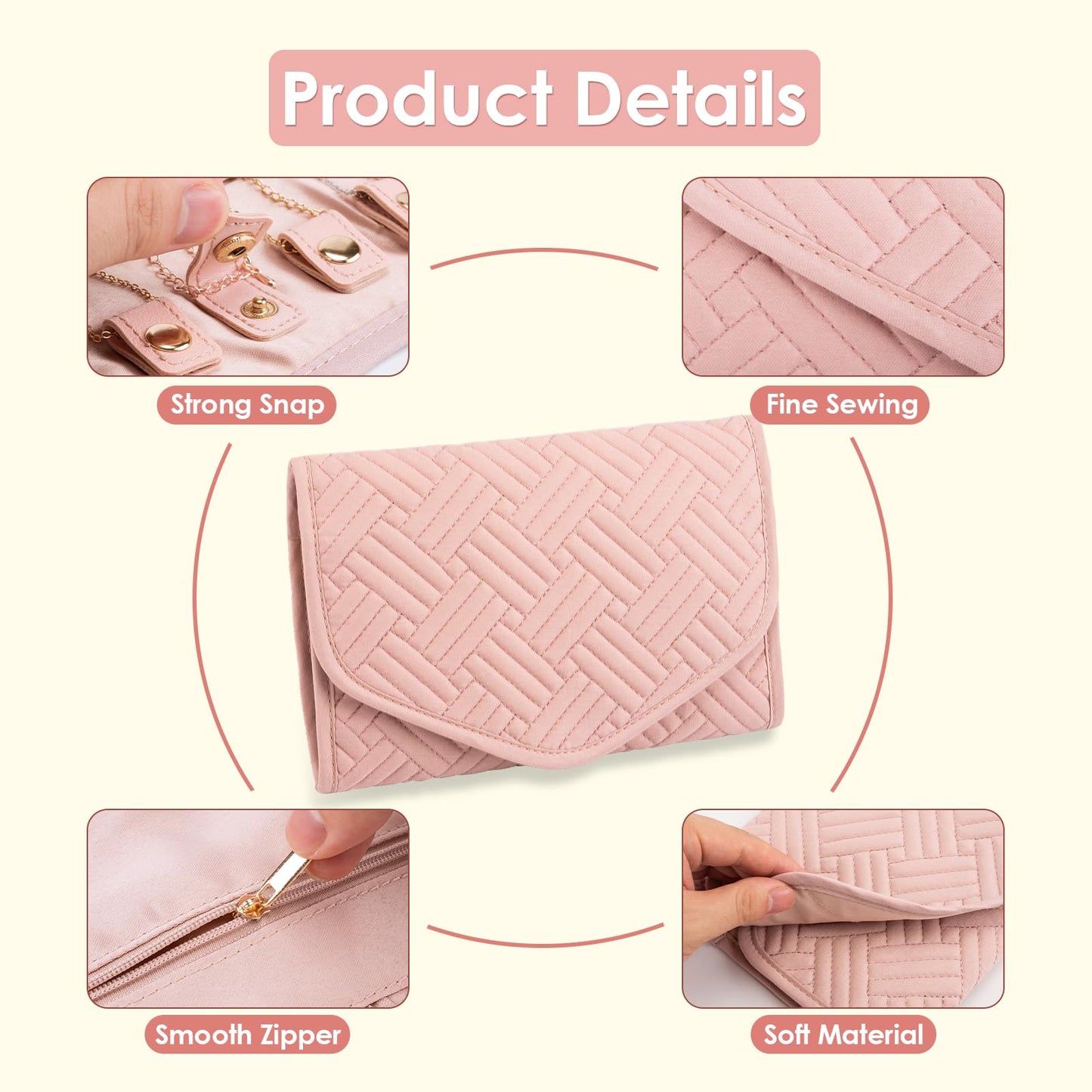 Amrules Travel Jewelry Organizer Bag Anti-Tangle Foldable Small Jewelry Roll Travel Case Accessory for Necklaces, Earrings, Rings, Bracelets, Watches, Pink