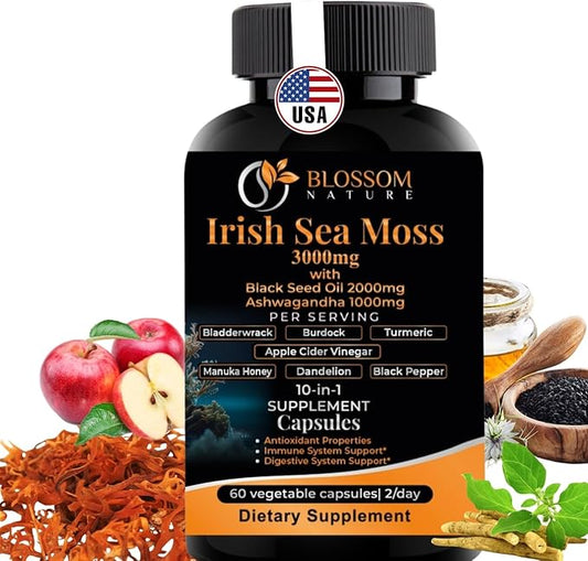 10-in-1 Irish Sea Moss Veggie Caps 3000mg Black Seed Oil Ashwagandha Bladderwrack Burdock Turmeric Apple Cider Vinegar Manuka Honey Dandelion Black Pepper - Made in US(Veggie Caps, Unflavored)