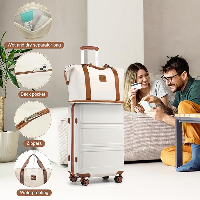 Kono Suitcase Set 3 Piece Carry On Hardside Luggage with TSA Lock Spinner Wheels (Cream White, 20in)