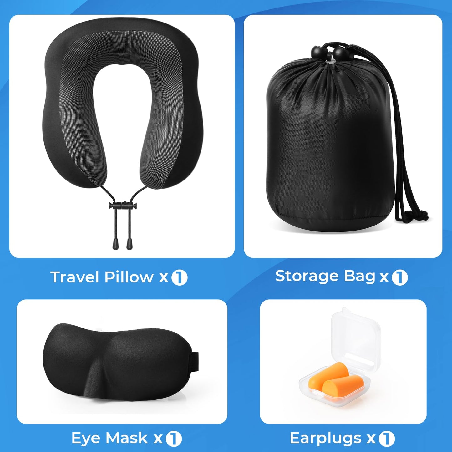 ExploreBliss Travel Pillow, Travel Pillows for Sleeping Airplane, Removable Cover Neck Pillow with Adjustable Clasp, Memory Foam Neck Pillow Set with Eye Mask, Earplugs and Storage Bag (Black)