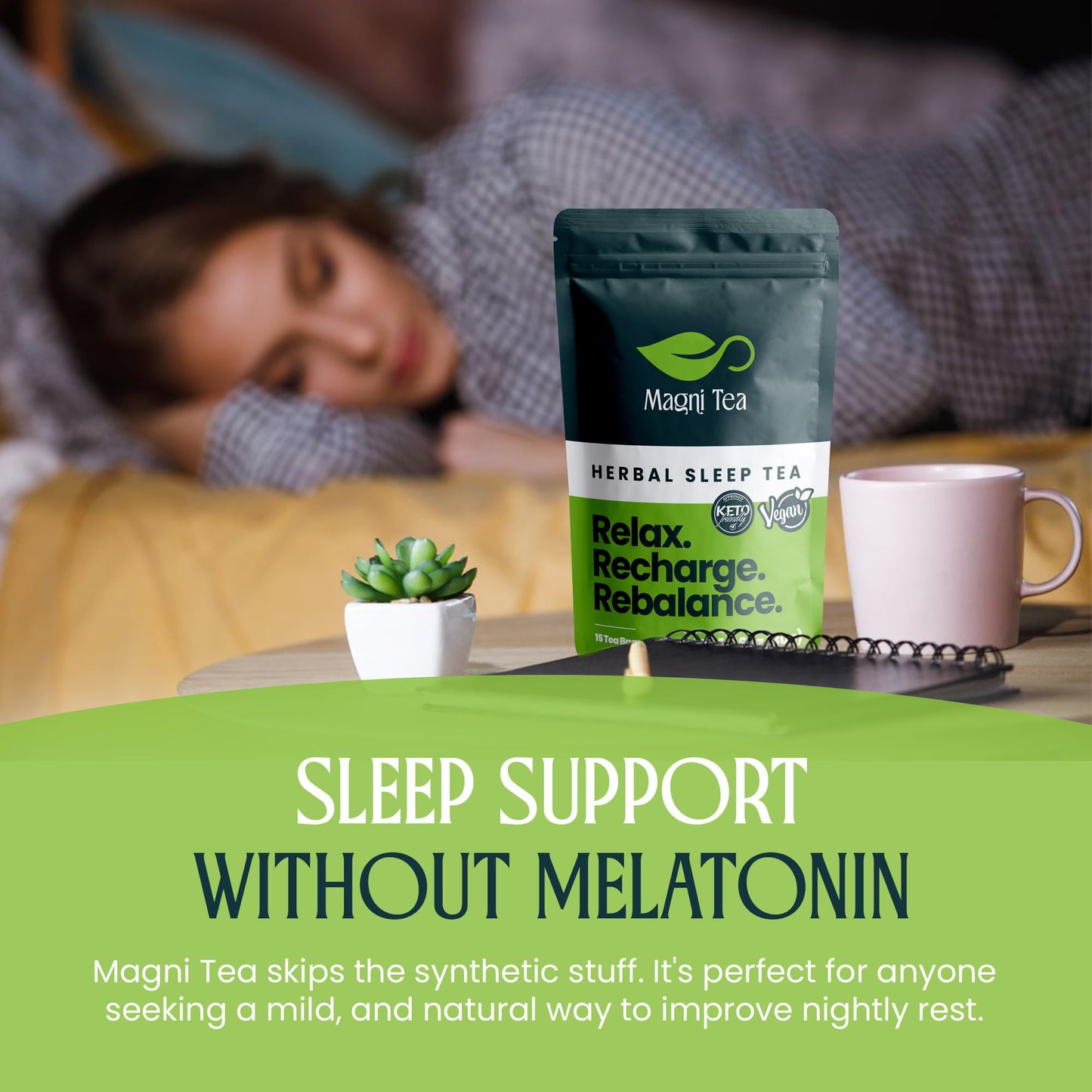 MagniTea Herbal Sleep Aid Magnesium Glycinate Muscle Relaxation Tea Ritual Valerian Root Bedtime Solution Natural Alternative KETO Friendly Vegan Certified Zero Sugar Chamomile Blend Stress Relief Melatonin Free