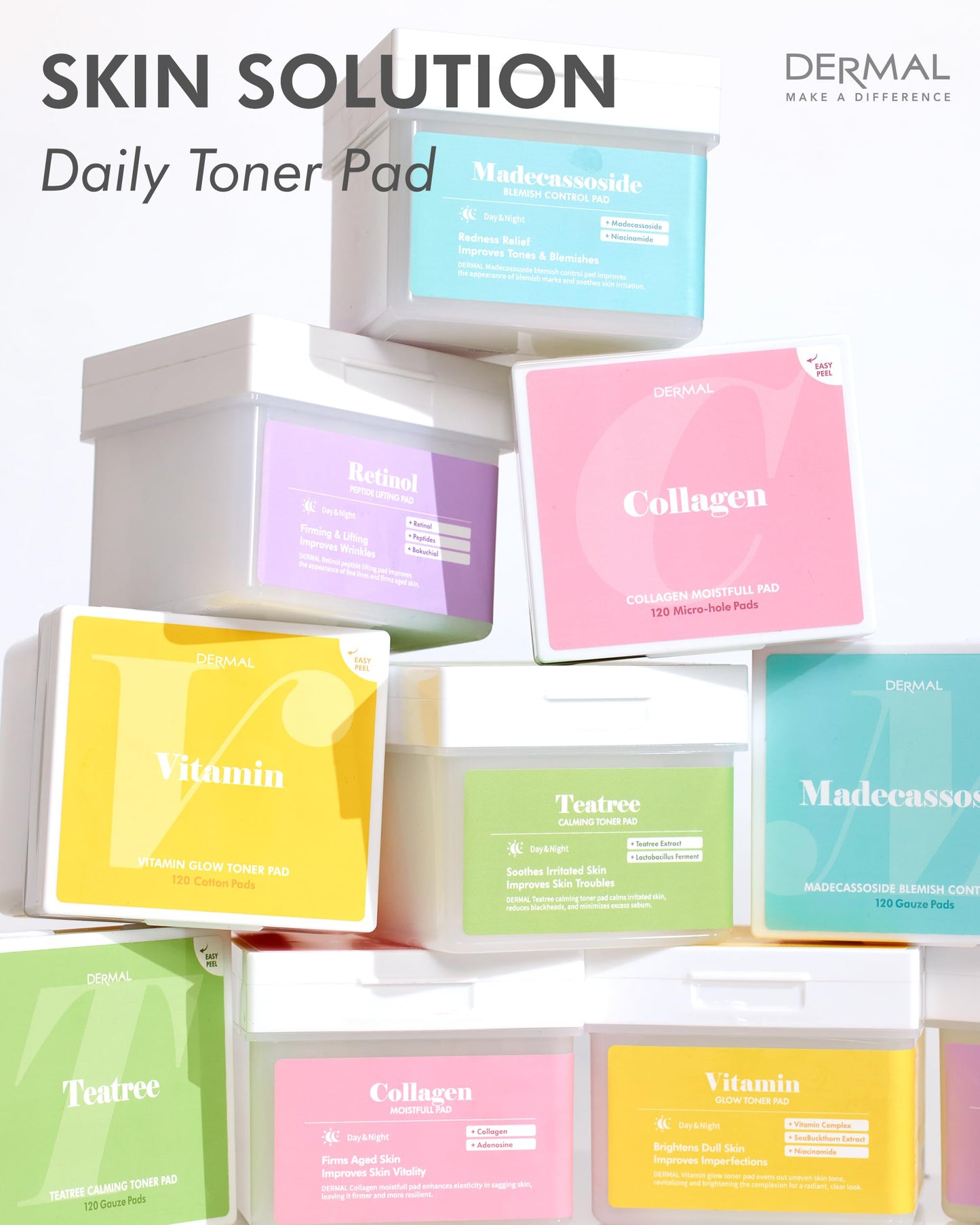 DERMAL Teatree Calming Toner Pad - Korean Toner Pad for Calming & Acne Improvement with Zinc PCA - Vegan Gauze Tencel Square Pads - Travel Kit 12 Pads, 3 Pack (Total 36 Pads)