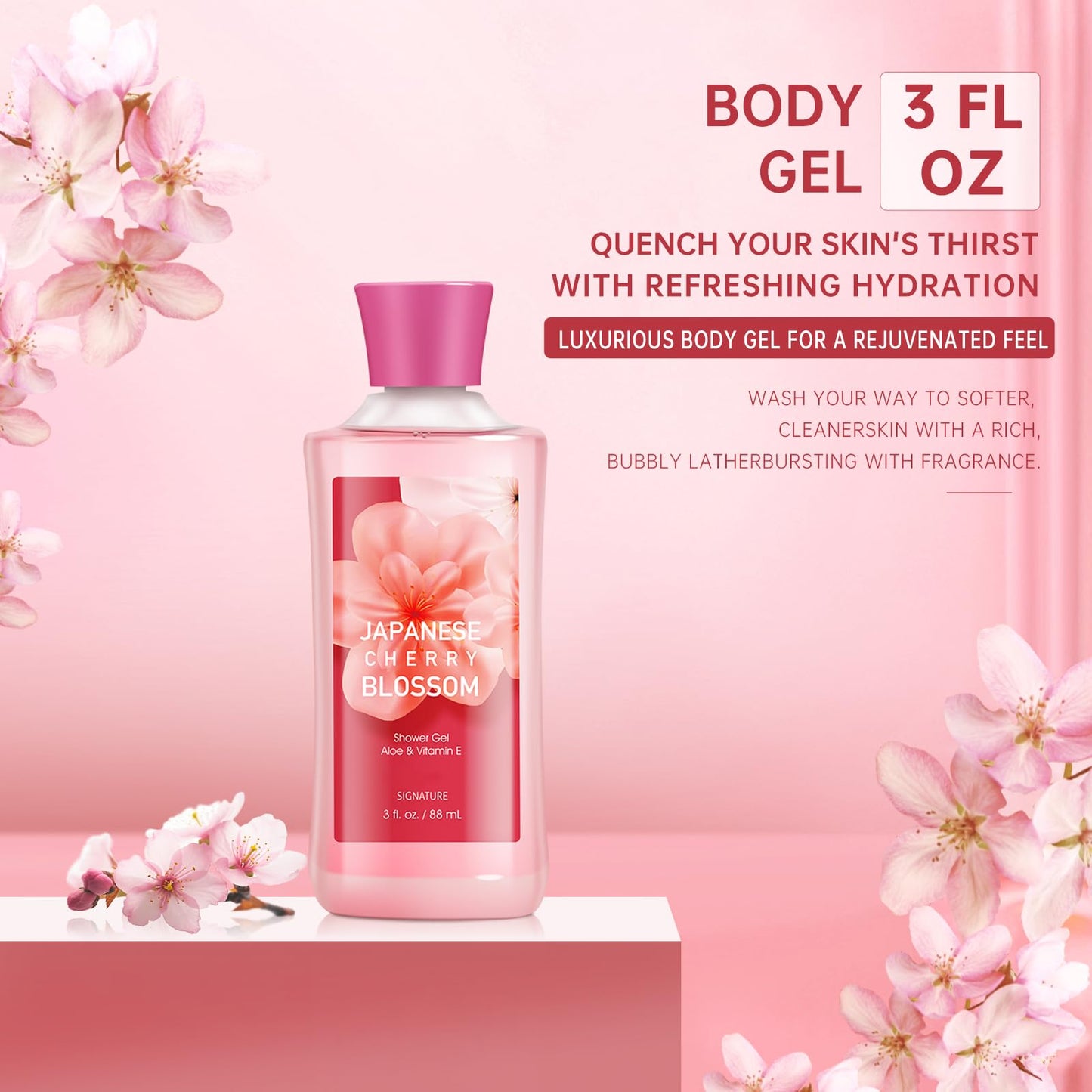 Bath Gift for Women and Girls, Japanese Cherry Blossom Spa Set With Natural Extracts, 3PCS Set - Shower Gel, Lotion, Mist, Personal Self Care Kit, Body Care Travel Set