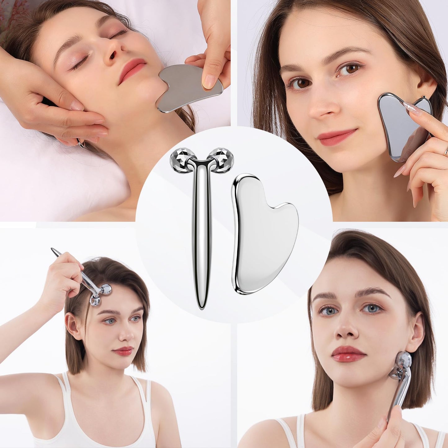 InfiniteRelax 3D Gua Sha Facial Tools Metal Face Roller Stainless Steel Gua Sha Set Cooling Massage Tools for Reduce Puffiness, Firm Skin, Anti-Aging Care - Daily Facial Sculpting Gift for Women