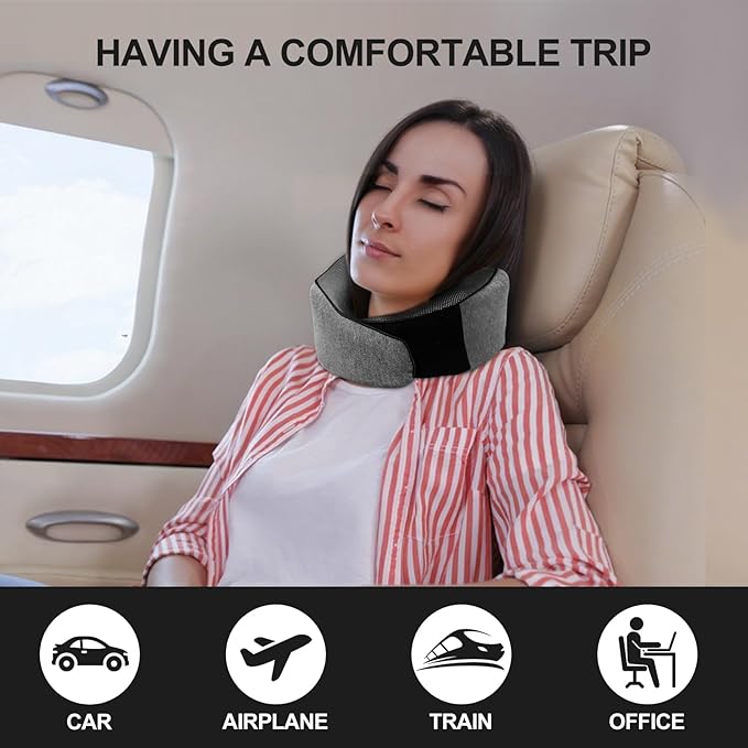 Travel Pillows for Airplanes, 100% Pure Memory Foam Neck Pillow for Airplanes, Comfortable Breathable Cover, 360° Support Pillows for Sleeping, Car, Airport Travel Essentials (Gray)