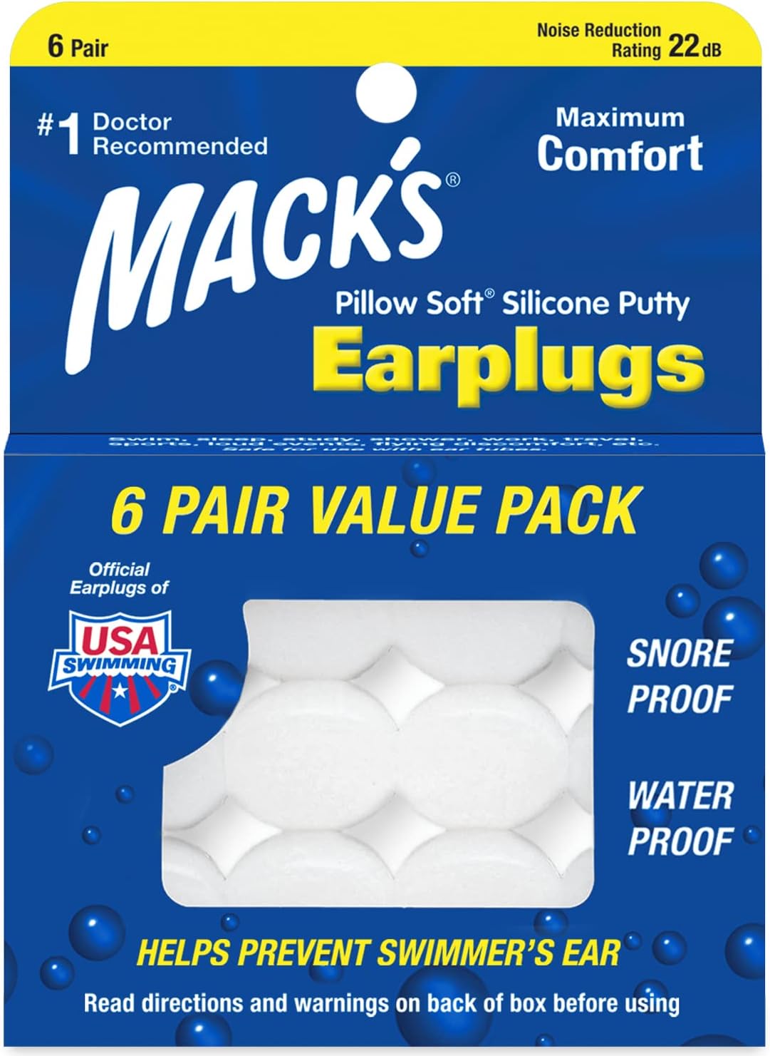 Mack's Pillow Soft Silicone Earplugs - 6 Pair, Value Pack – The Original Moldable Silicone Putty Ear Plugs for Sleeping, Snoring, Swimming, Travel, Concerts and Studying | Made in USA