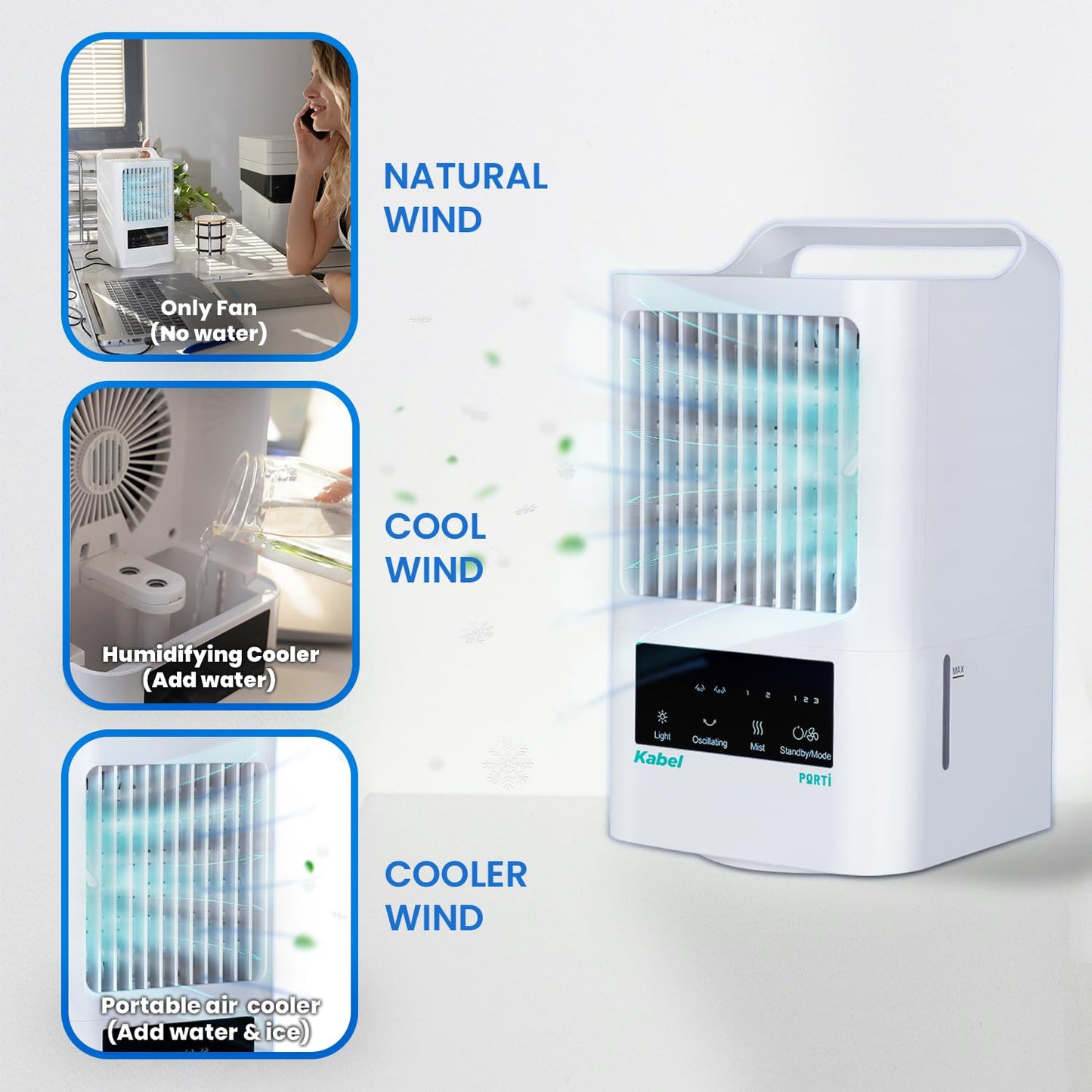 Mini Portable Air Conditioners | 4in1 USB Evaporative Air Cooler with Fan, Mist, Humidifier & Light | 60ยฐ/120ยฐ Oscillation, Touch Panel, 3 Speeds | Personal AC for Bedroom, Desk, Tent, Camping, Car