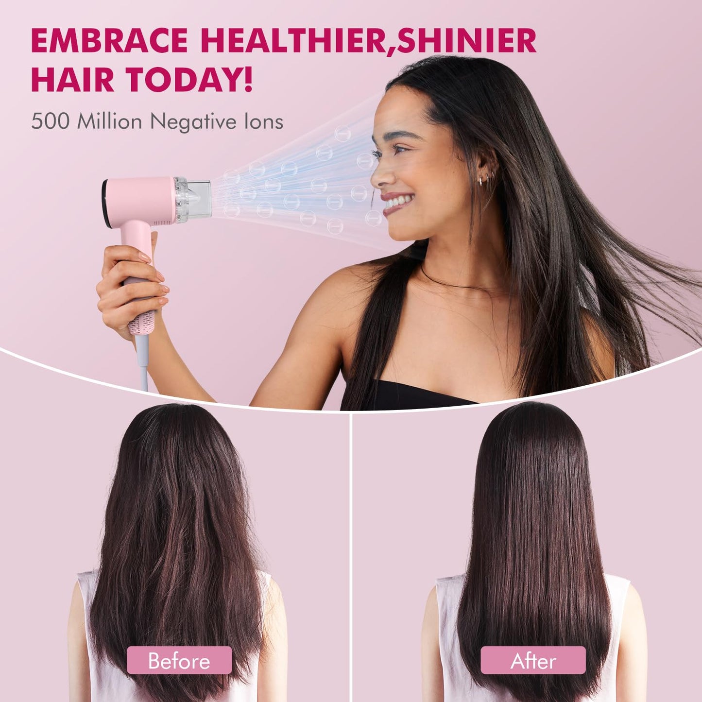 Mini Travel Hair Dryer for Women, 110000 RPM High-Speed Pink Small Blow Dryer, Portable Hairdryer for Fast Drying, Low Noise Thermo-Control, Compact Hair Dryer with Magnetic Nozzle