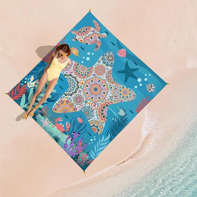 Beach Blanket Waterproof Sandproof, Bohemian Starfish Oversized Extra Large Beach Mat 83"×95"/8 × 7 FT for 1-7 Adults for Picnic Travel Camping Hiking, Quick Drying Lightweight Vacation Essentials