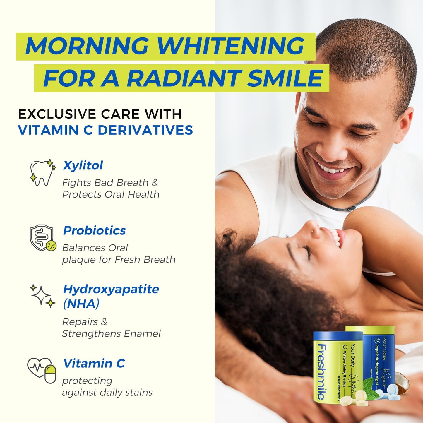 Freshmile Whitening Toothpaste Tablets with Nano-Hydroxyapatite (NHA), Natural Teeth Whitening & Repair, Xylitol for Fresh Breath, Fluoride-Free, Protects Sensitive Teeth & Gums (120 Count)