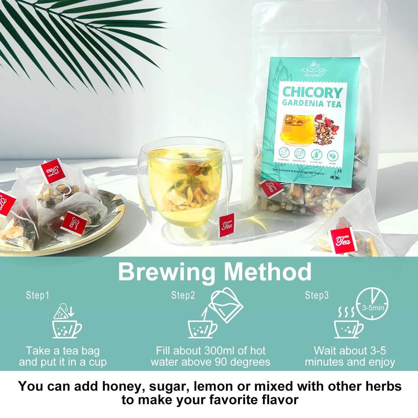 Chicory And Gardenia Tea - Kidneys & Liver Health Tea, 8 Herbal Ingredients Natural Blend, Chicory and Gardenia Tea Bags, Chinese Herbal Tea (250g/10g x25pcs)