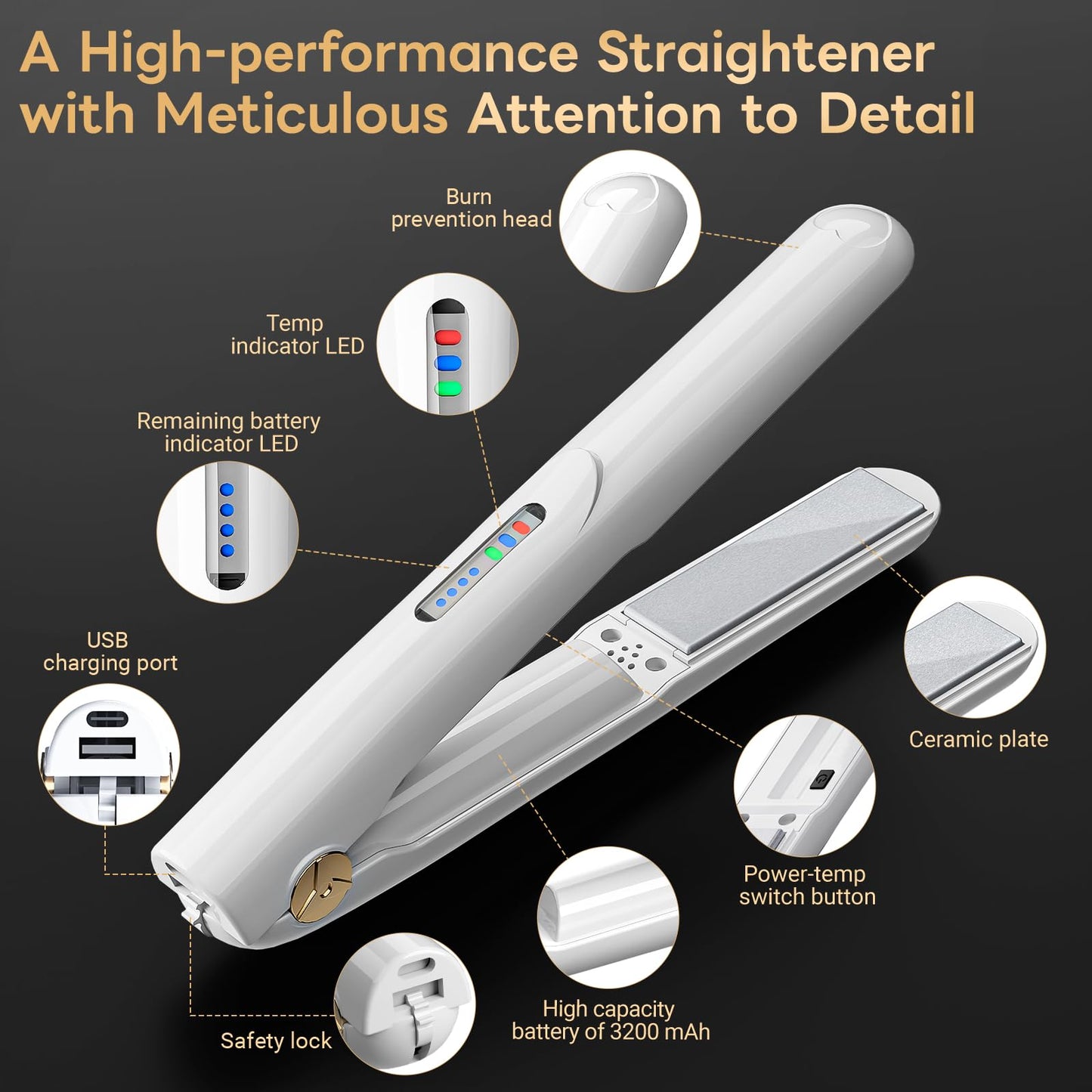 Cordless Hair Straightener 2 in 1 Mini Curler and Flat Iron Ceramic Portable USB Rechargeable Travel Hair Styler for Women Men with Pouch(White)
