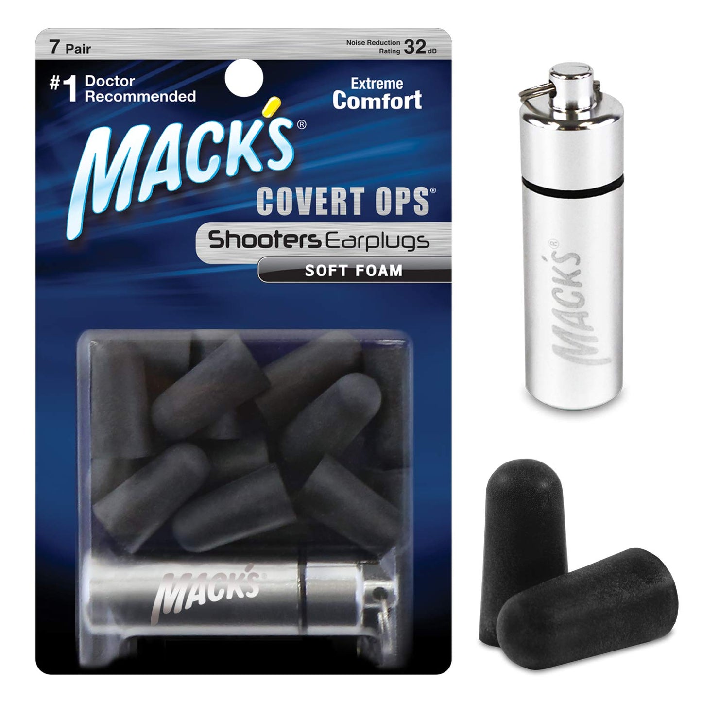 Mack's Covert Ops Soft Foam Shooting Ear Plugs, 7 Pair Plus Travel Case - 32 dB High NRR, 37dB SNR - Comfortable Earplugs for Hunting, Tactical, Target, Skeet and Trap Shooting
