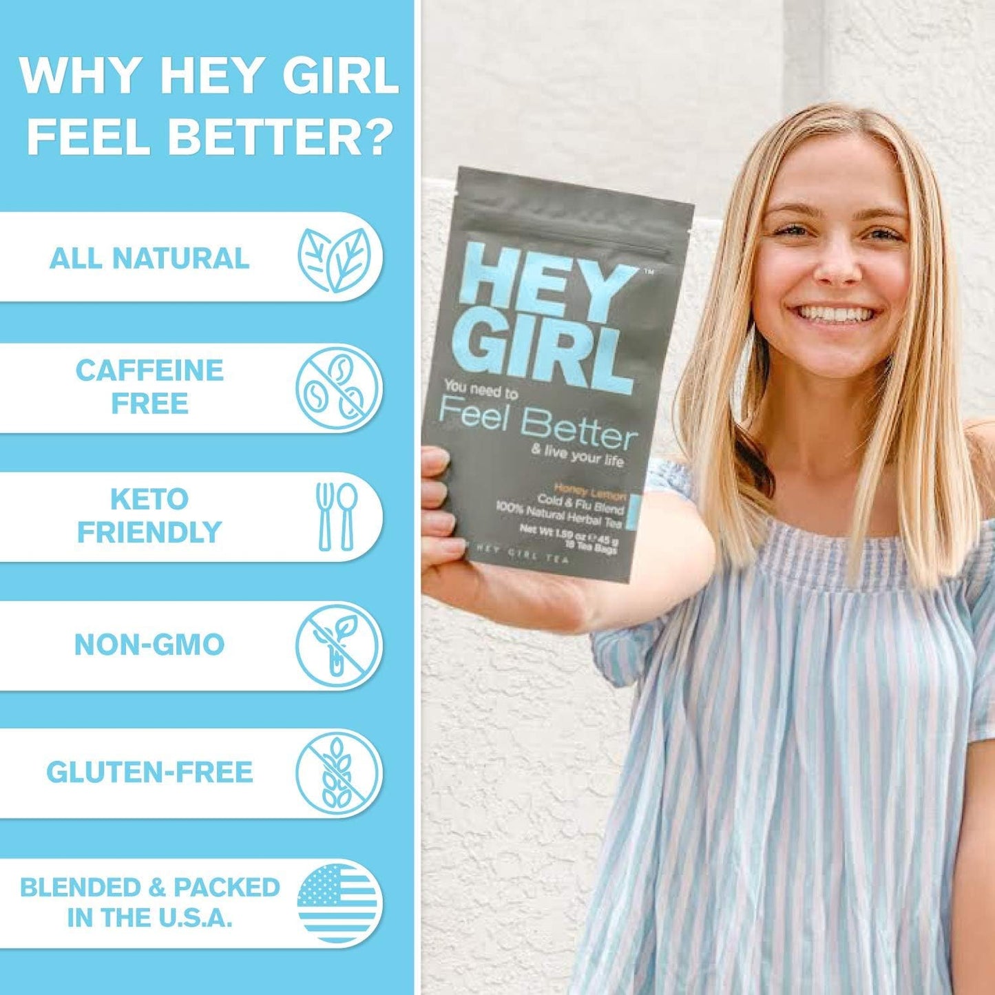 Hey Girl Tea + Tea Bottle Bundle - Feel Better Herbal Tea - Immune Support, Immune Booster plus Glass Infuser Bottle with Tea Diffuser - Insulated Travel Thermos Tumbler For Loose Leaf Tea, Tea Bags