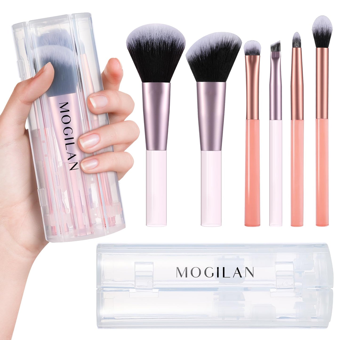 MOGILAN Travel Makeup Brush Set – Portable 6PCS Mini Cosmetic Brushes for Foundation, Concealer, Eyeshadow, Blush, Powder, Contour & Highlight, On-the-Go Makeup Brush Kit with Travel Case