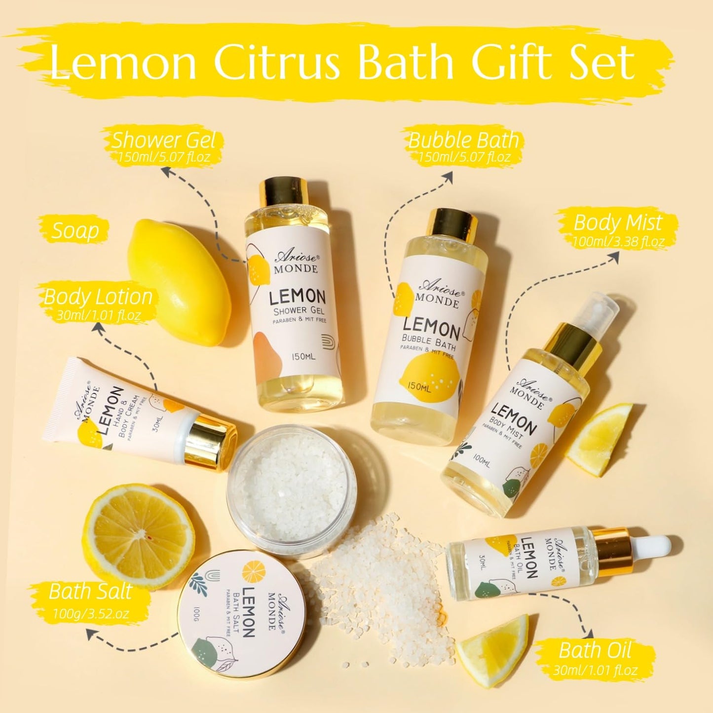 Lemon Scent Bath Spa Gift Box Set for Women - Shower Gel, Bubble Bath, Body Cream, Soap, Salt, Essential Oil