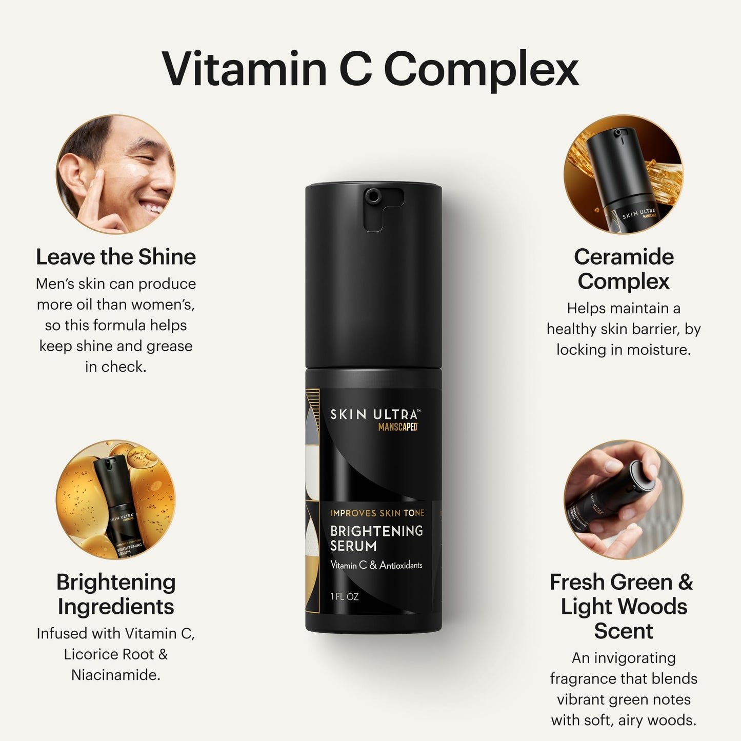 MANSCAPED® Skin Ultra™ Brightening Serum - Men's Vitamin C Face Serum Formulated to Improve Skin Tone & Help Reduce Appearance of Wrinkles, Infused with Licorice Root & Niacinamide, 1 fl oz, (2-Pack)