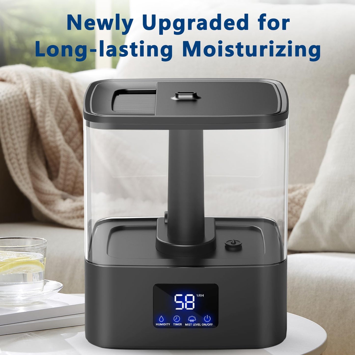 KZF 4L Top Fill Humidifiers for Bedroom & 60H Runtime - Cool Mist Humidifier, 3 Mist Levels, 8H Timer, Essential Oil Tray, Humidity Display, Quiet for Bedroom, Baby, Plants, Large Room