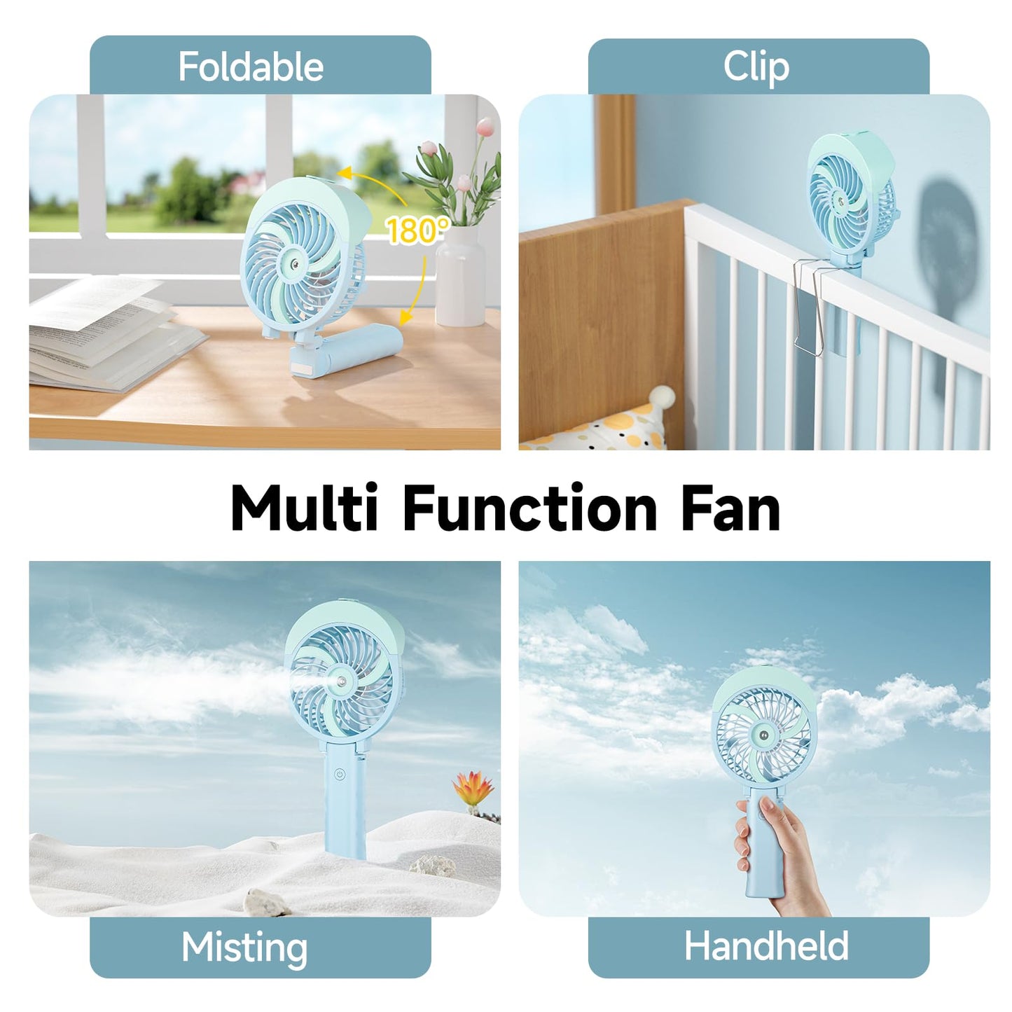 HandFan 4000mAh Personal Misting Fan With 55ml Large Water Tank - Portable Handheld Rechargeable Mister, Battery Operated, 180 Foldable, 3 Speeds for Travel, Beach, Outdoors (Green)