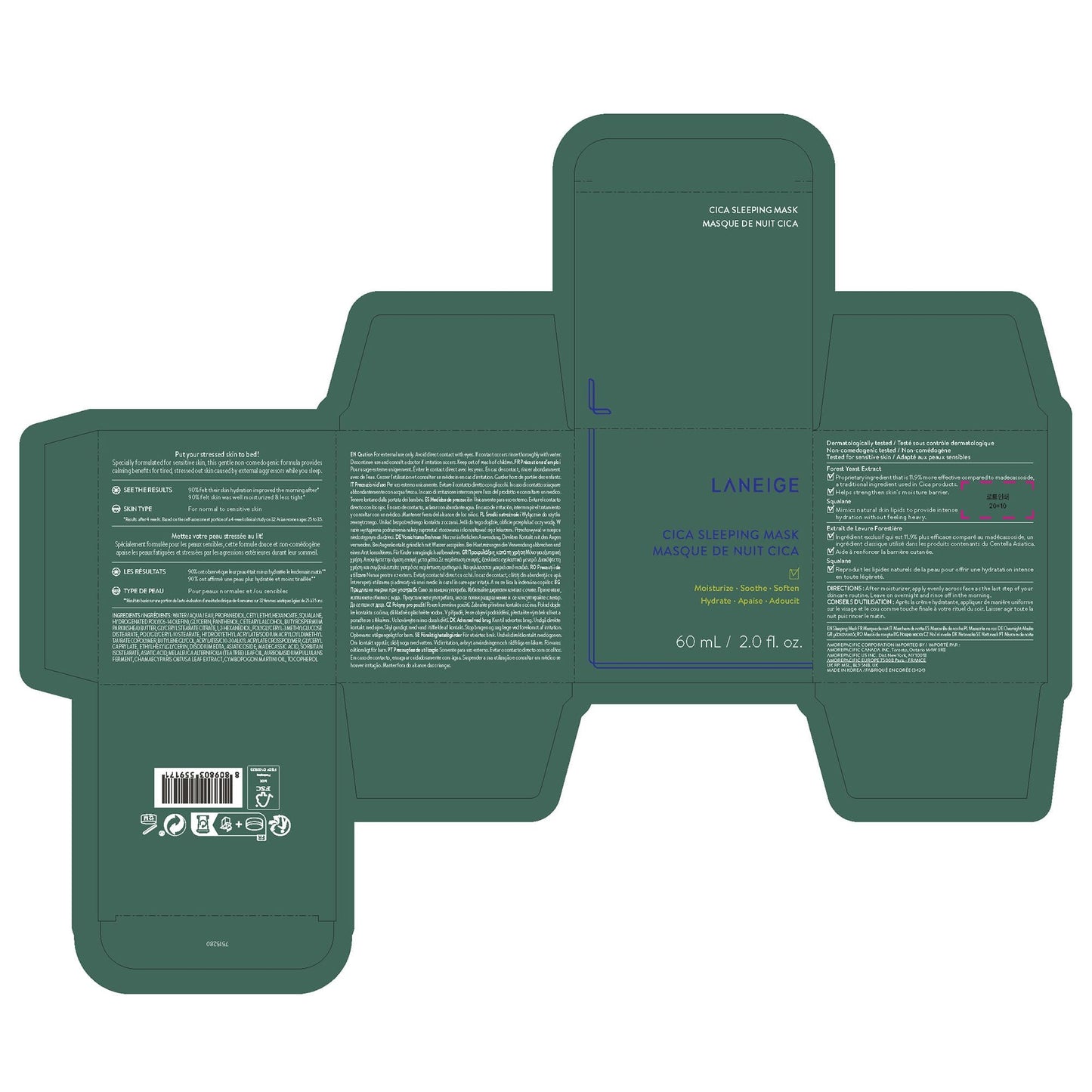 LANEIGE Cica Sleeping Mask: Soothing Overnight Mask with Centella & Fermented Forest Yeast Extract for Sensitive Skin & Moisture Barrier Repair