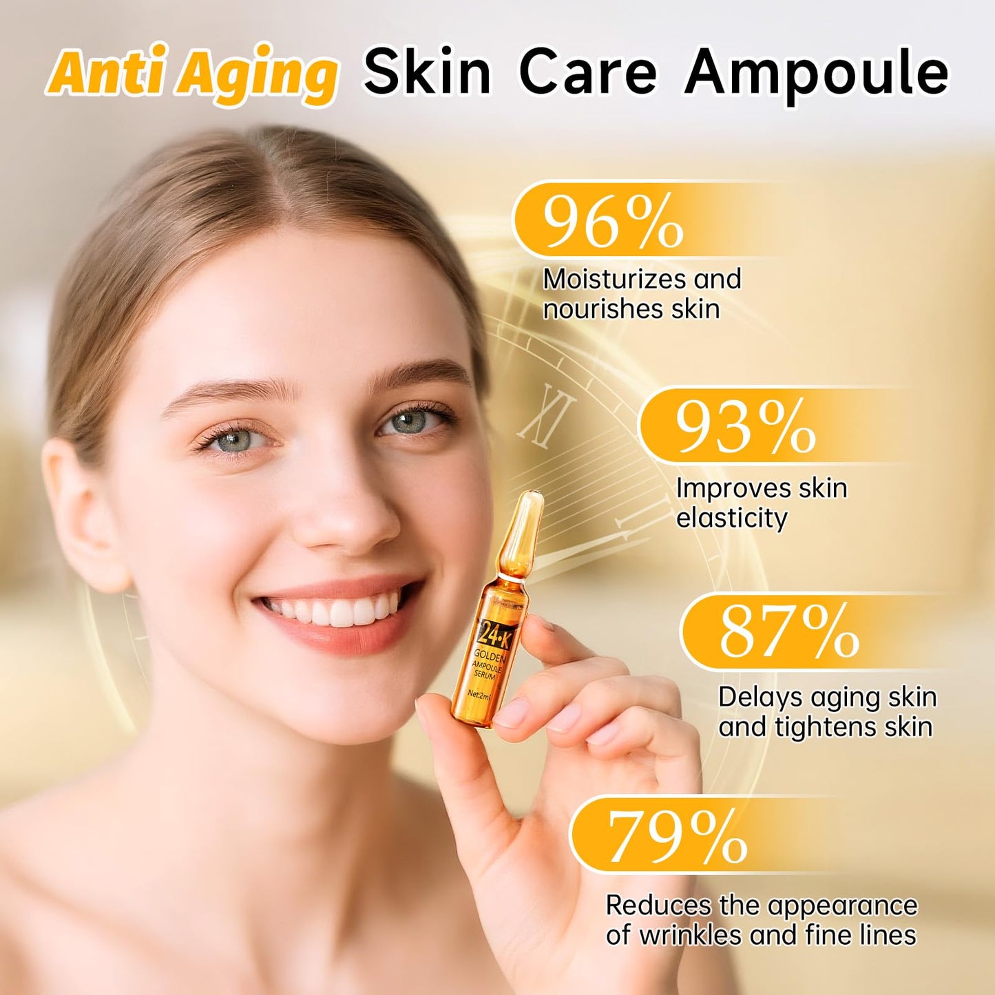 24K Gold Serum Ampoule, Anti Aging 24K Gold Serum for Face, Moisturizes & Soothes Skin, Boosts Firmness & Hydration, Golden Foil Particles Reduces Fine Lines, Wrinkles, Dryness, 3 Boxes of 21