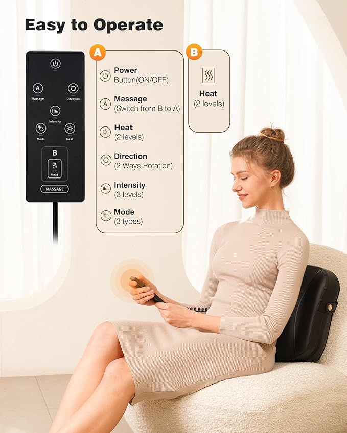 Back Massager with Heat-Shiatsu Neck Massagers Deep Tissue Kneading Massage Pillow for Lower Back Leg Shoulder-Lumbar Support Pillow for Office Chair, Gifts for Mom Dad Women Men