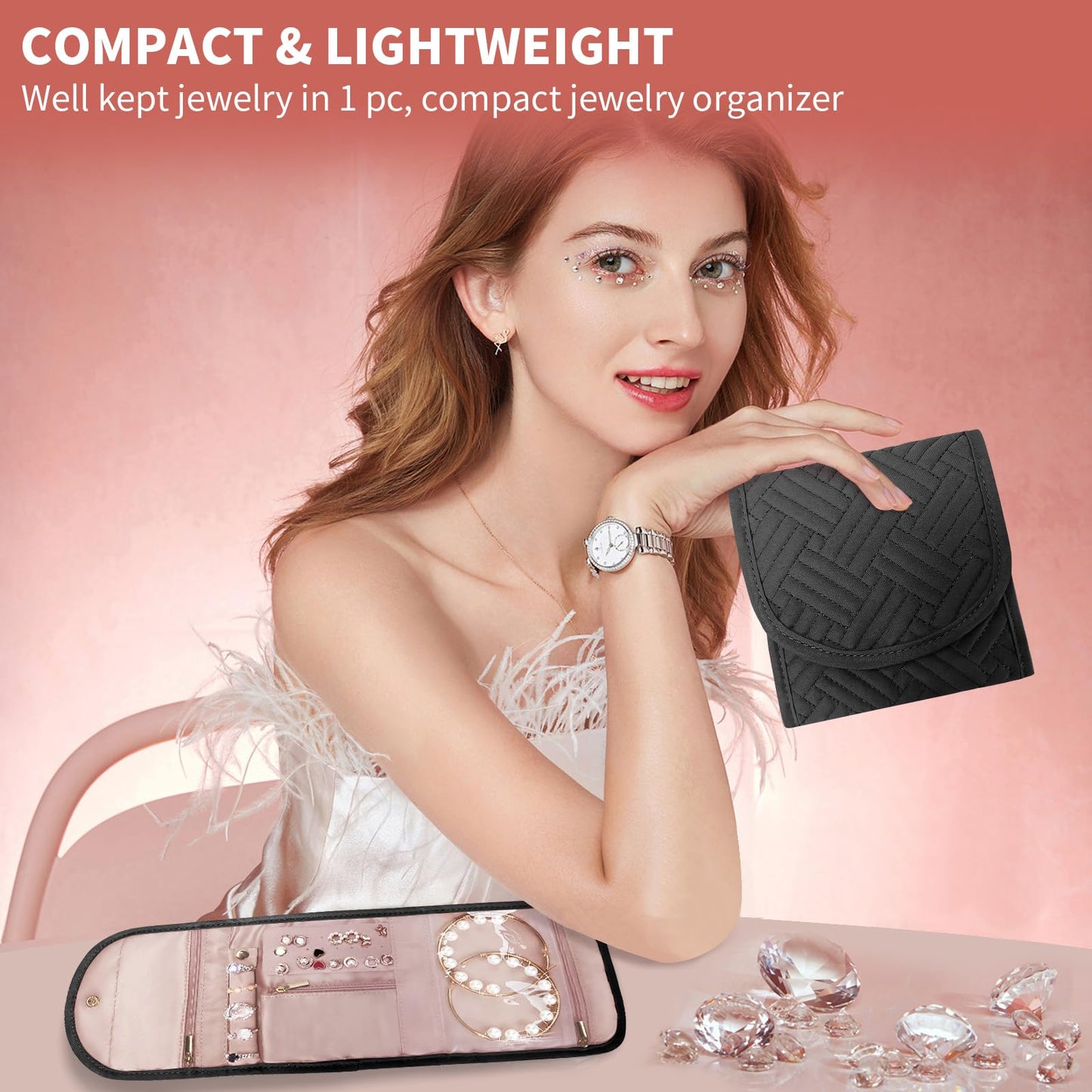 SUNRISING Travel Jewelry Organizer Case for Women, Foldable Jewelry Roll Pouch Bag with Portable Design for Journey Rings, Necklaces, Earrings, Bracelets, Mini - Black