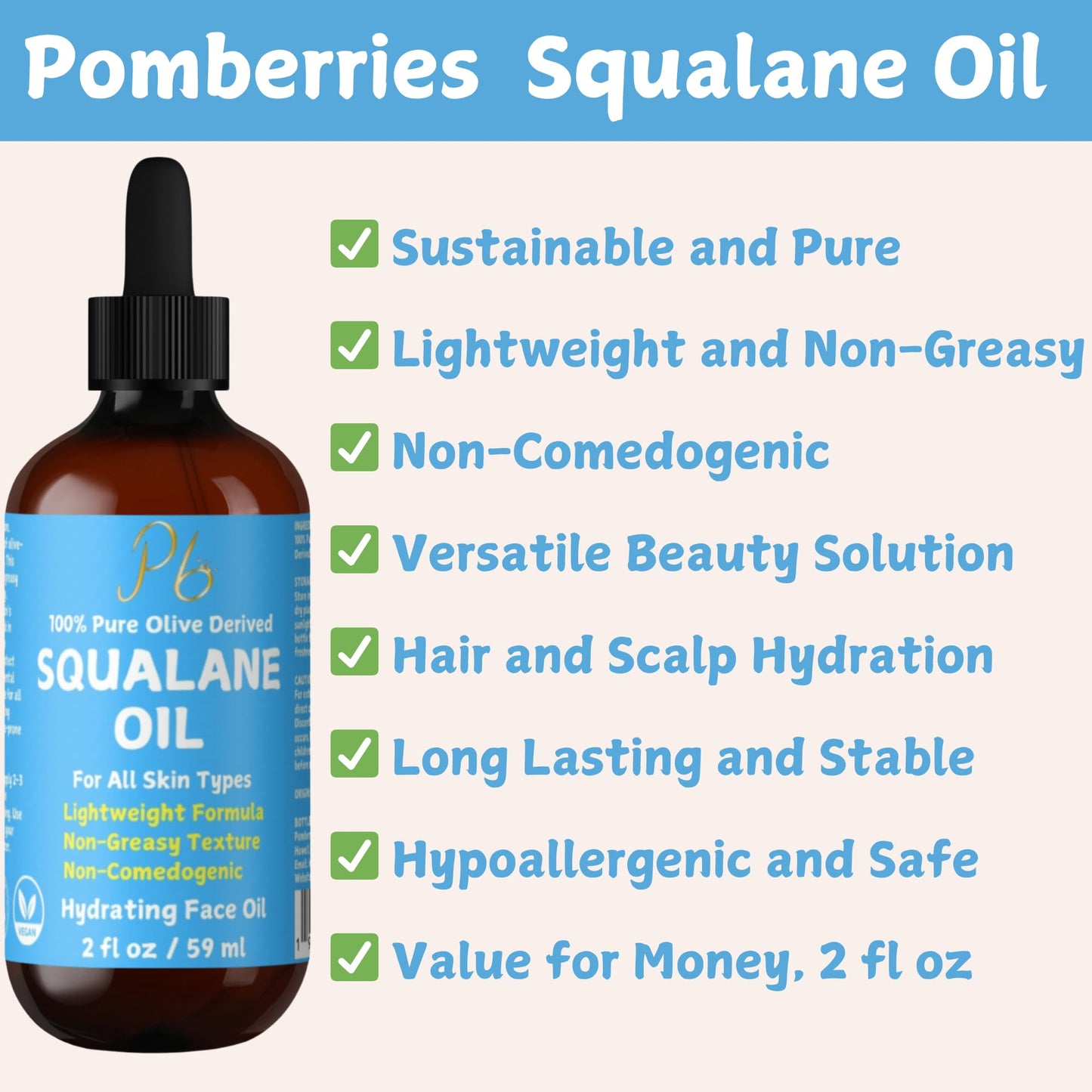 Squalane Oil – 100% Plant-Derived, Lightweight & Fast-Absorbing Squalane Face Oil for Anti-Aging, Dry Skin, Hair & Body | Non-Greasy, Non-Comedogenic Moisturizer | 2 fl oz