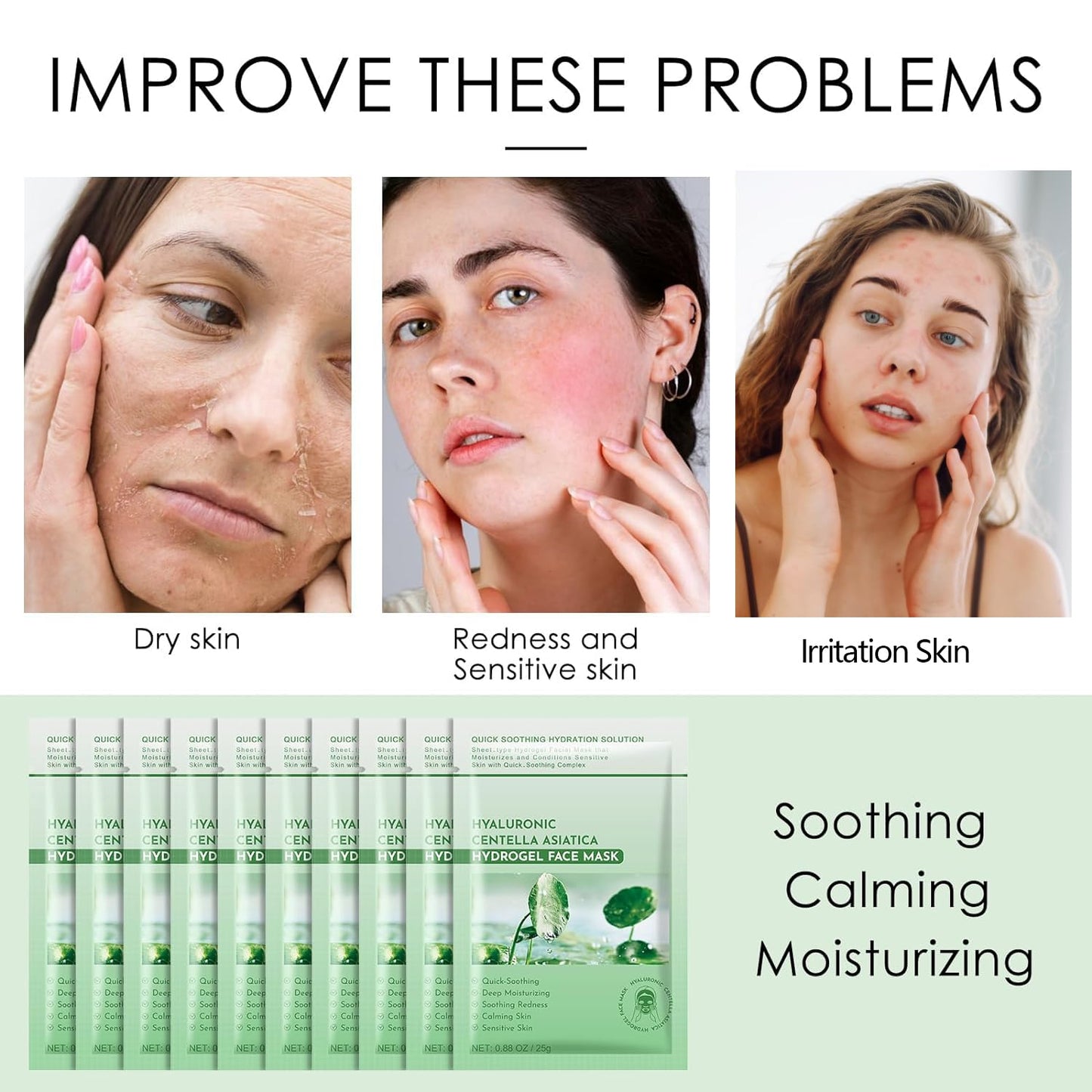 Centella Asiatica Soothing Facial Masks Calming Sheet Mask Hyaluronic Acid Hydrating Sheet Face Mask for Sensitive Skin,Centella Asiatica Calming Mask with Panthenol,Hydrogel Sheet Mask,10 Pack