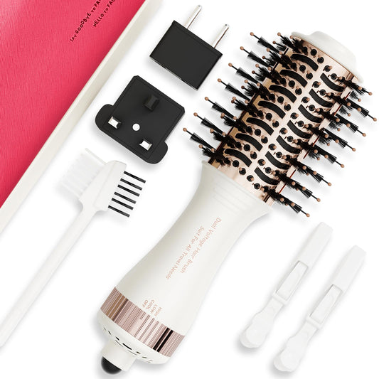 4-in-1 Travel Dual Voltage Hair Dryer Brush Blow Dryer Brush,Portable 2 inch Mini Hot Air Brush,Travel Hair Styler/Volumizer/Straightener/Curler,110-240V European Blow Dry Brush with EU&UK Plug