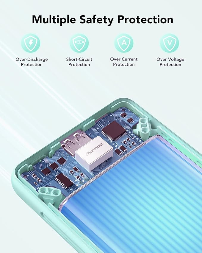 charmast Portable Charger with Built-in Cables and Plug, 10000mAh USB C Power Bank Fast Charging, External Battery Pack Slim, Travel Essentials Compatible with iPhones, Samsung Galaxy, iPad