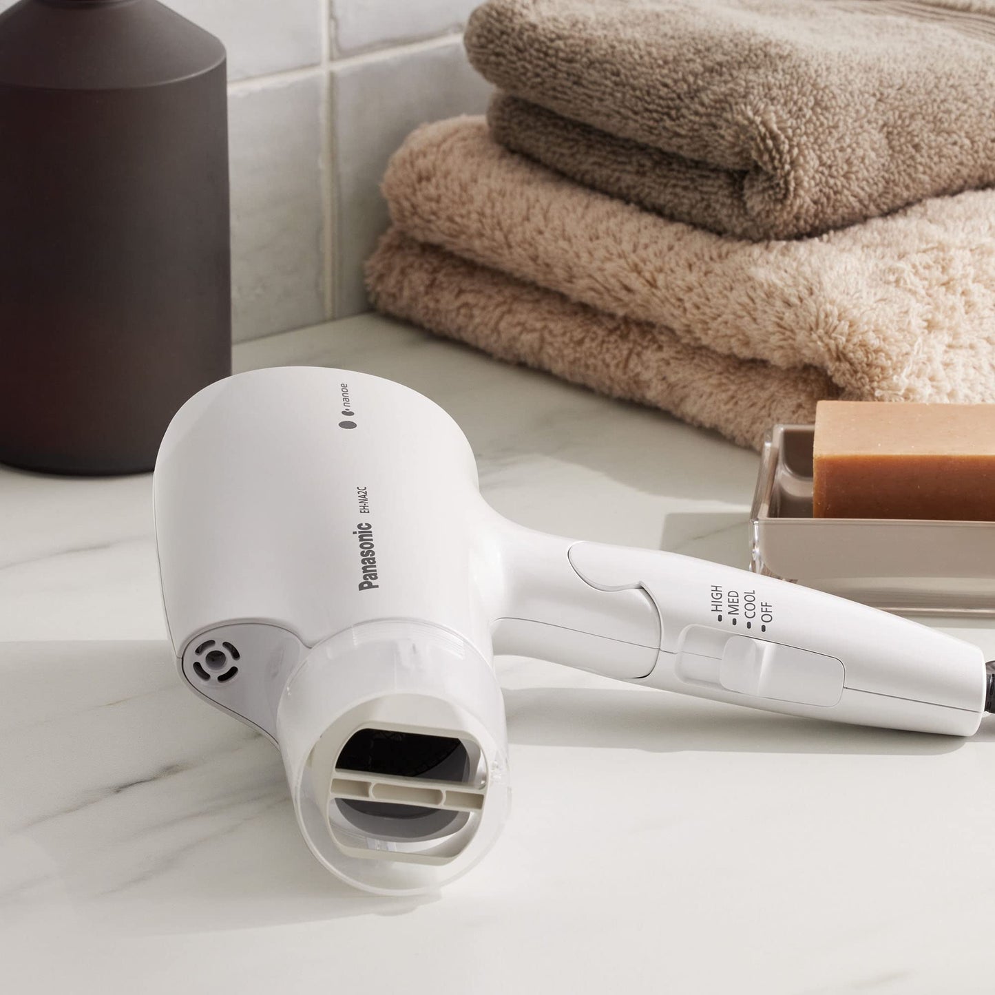 Panasonic nanoe Compact Hair Dryer with Oscillating Quick Dry Nozzle for Healthier-Looking Hair, Folding Blow Dryer for Travel and Home, 3 Airflow Settings - EH-NA2C-W (White)