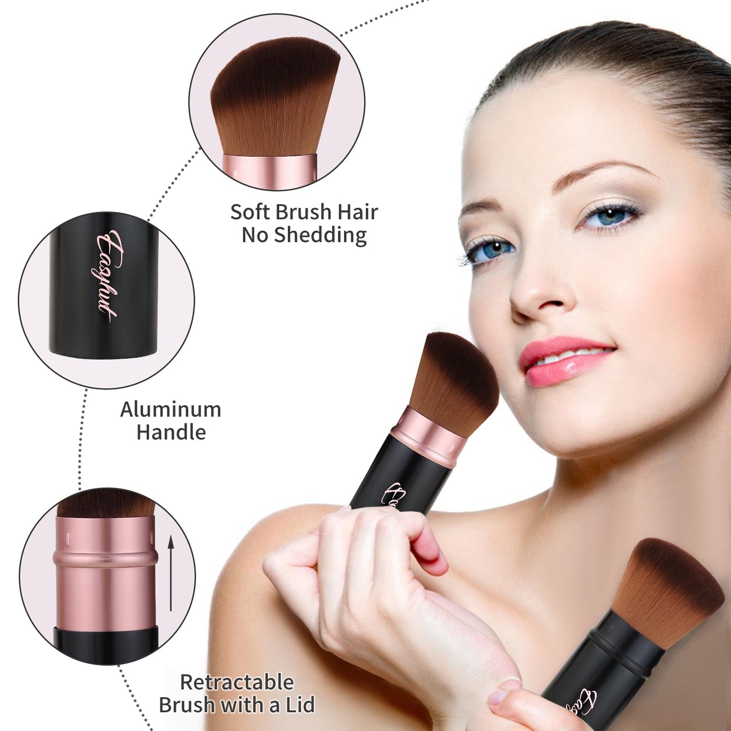 Retractable Kabuki Makeup Brushes 2 Pcs Blush Brushes Set Portable Powder Brushes with Flat and Angled Top for Liquid Cream Cosmetics Travel. (rose gold)