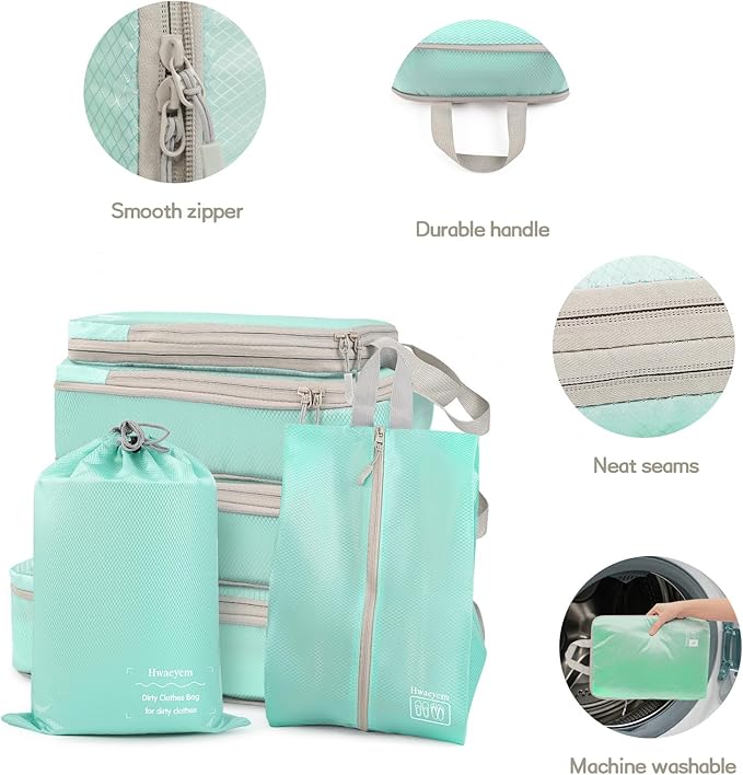 Compression Packing Cubes 6 Set, Dual Zipper Compression Packing Cubes for Travel, Space-Saving Packing Bags for Suitcases, packing cubes with shoe bag