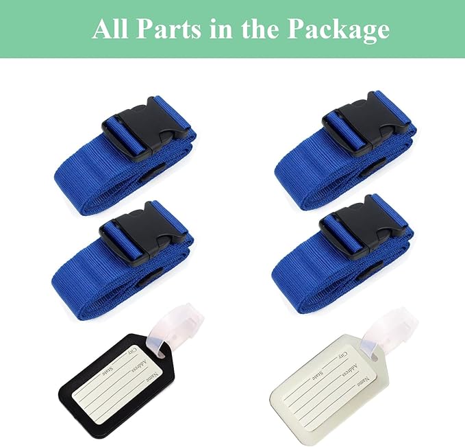 4PCS Luggage Straps for Suitcases & 2PCS Tags Set for Easy Identification,Travel Accessories for Safety,Luggage Strap for Travel Suitcase & Bag Closure,Blue
