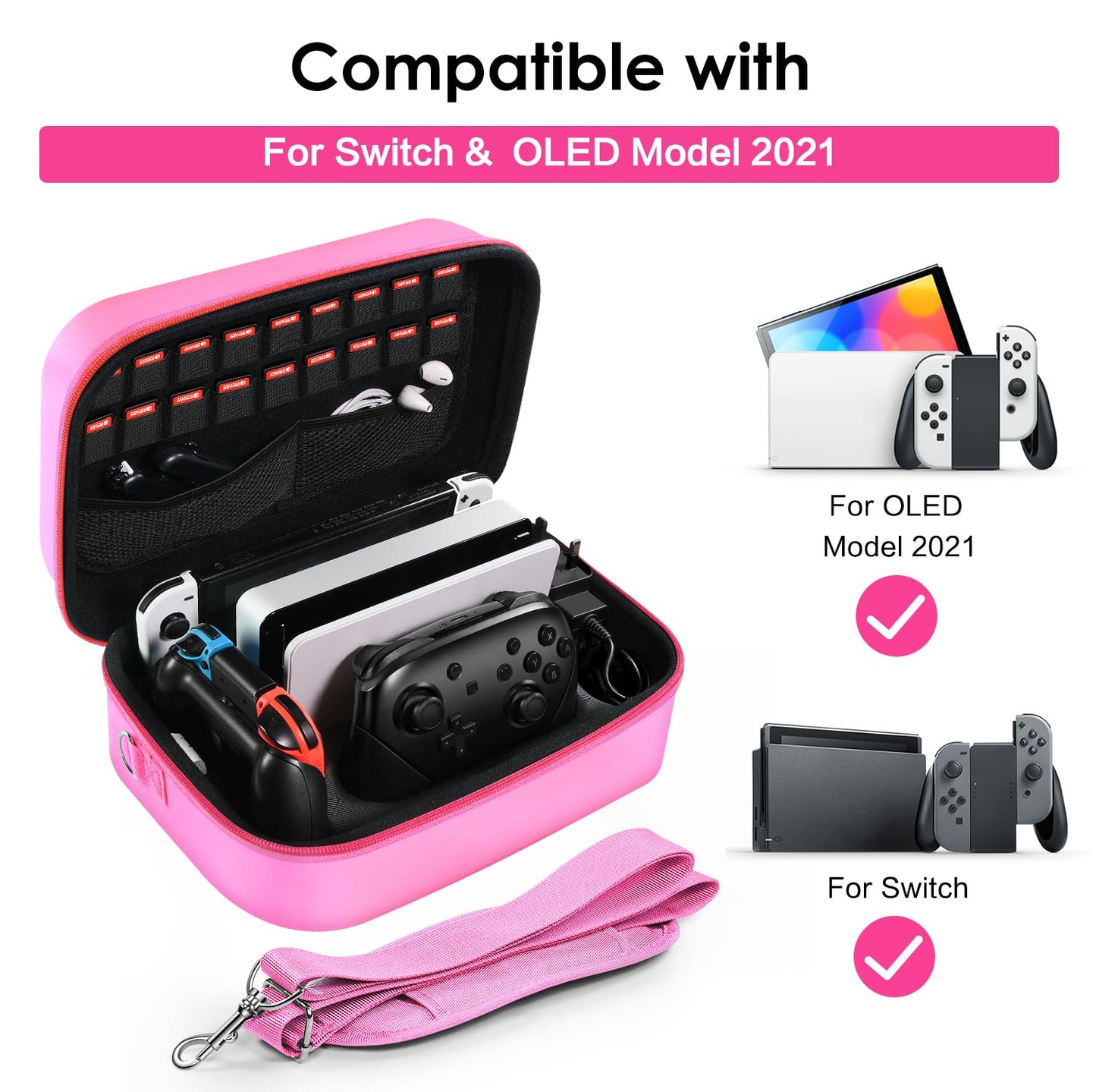 ivoler Carrying Storage Case for Nintendo Switch/Switch OLED Model,Portable Travel All Protective Hard Messenger Bag Soft Lining 18 Games for Switch Console Pro Controller & Accessories (Pink)